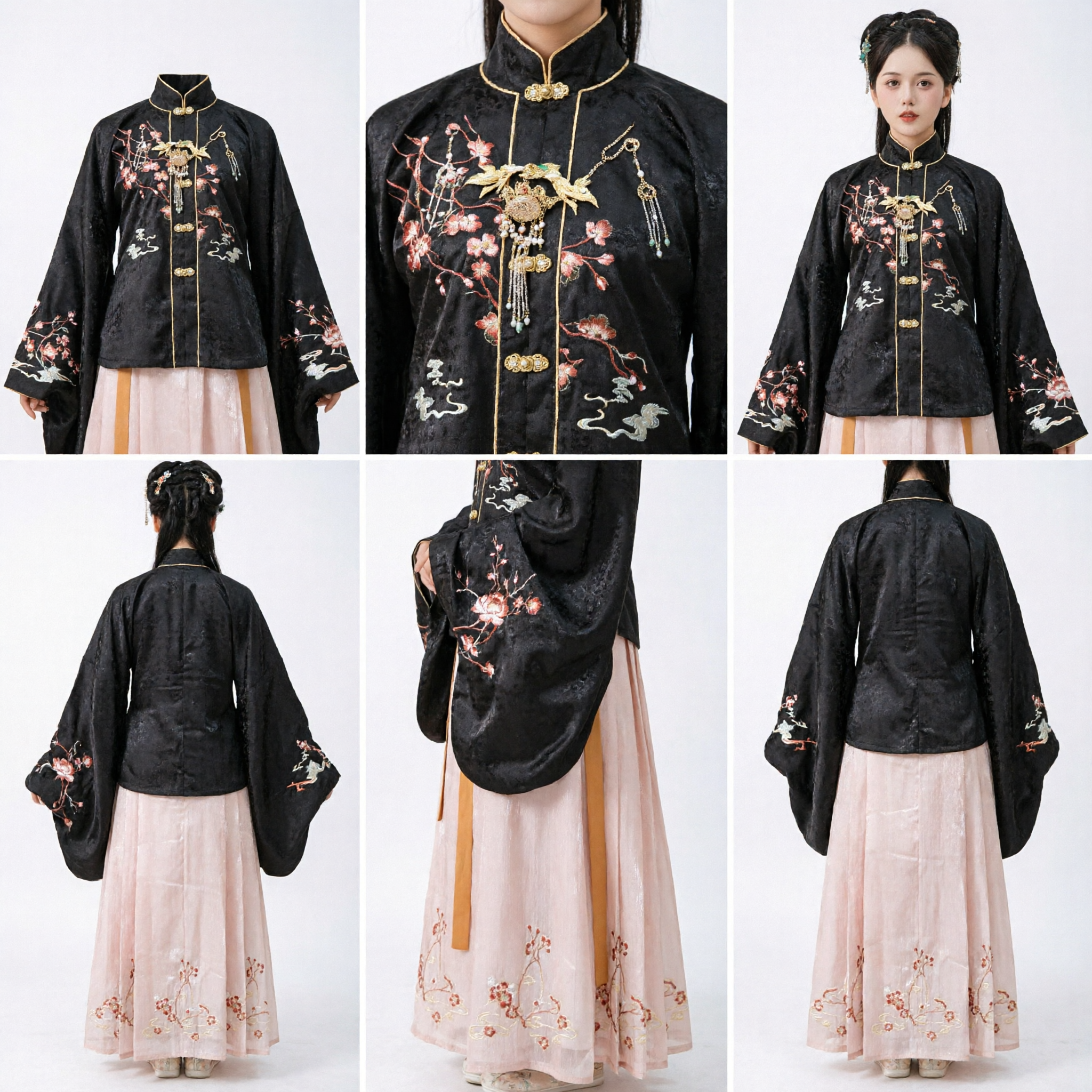 Ensemble Hanfu Chinois Traditionnel pour Femmes Style Dynastie Ming Veste Noire Brodée de Fleurs et Jupe Rose - Asian Costume