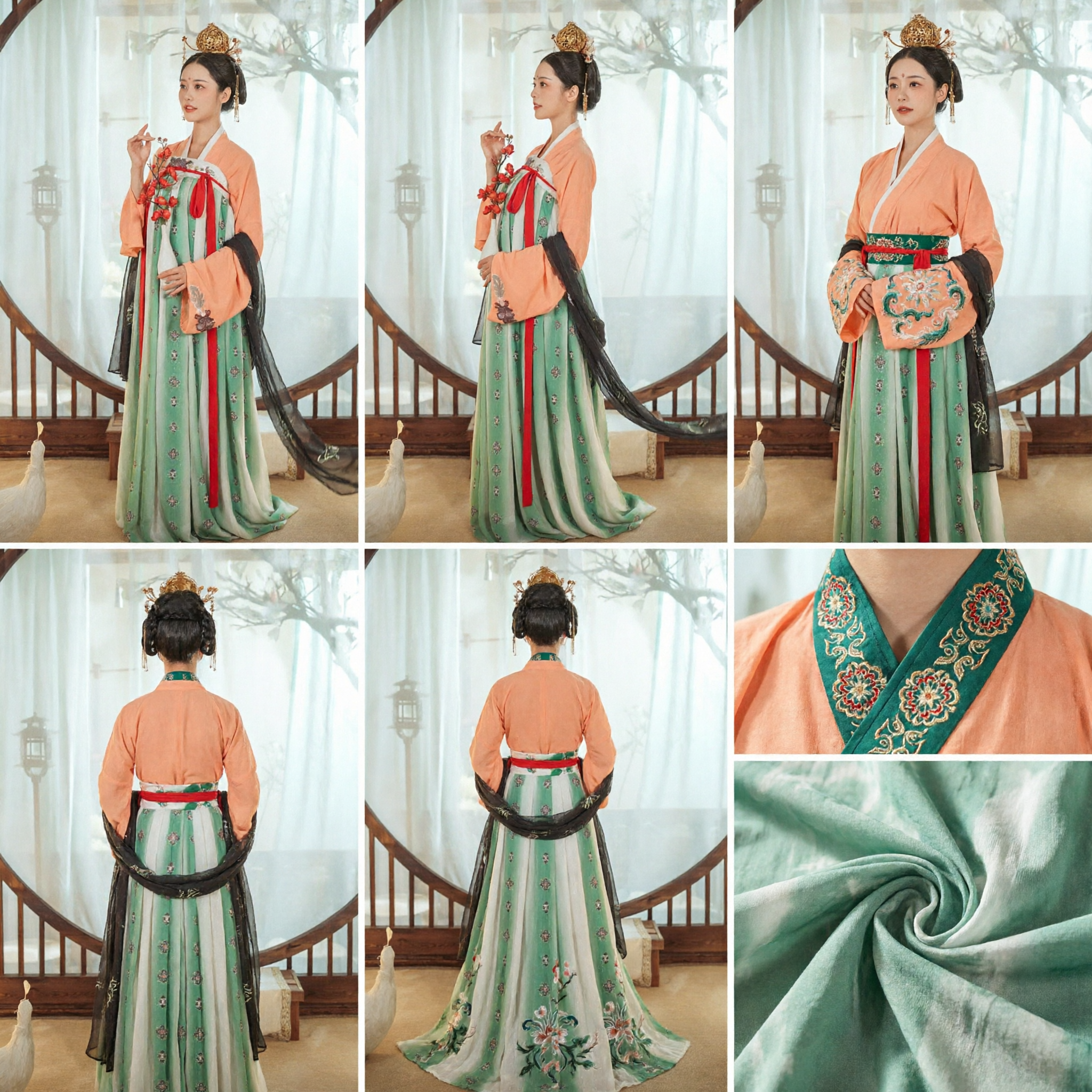 Traditionele Chinese Hanfu Tang Dynastie Prinses Kostuum Groene Bloemenrok en Oranje Top Oude Jurken voor Vrouwen - Asian Costume