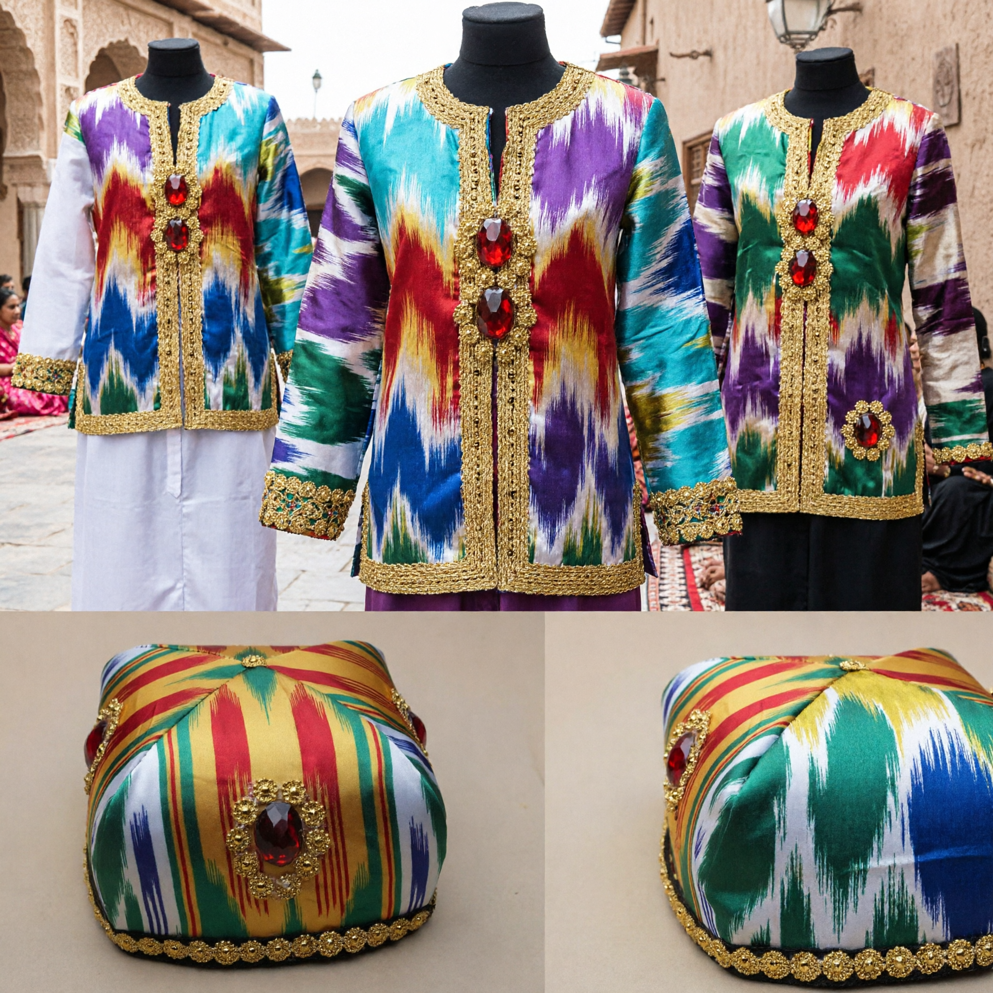 Cappello Doppa Tradizionale Cinese Etnico Uiguro dello Xinjiang in Seta Ikat con Decorazioni Dorate per Costume da Danza - Asian Costume