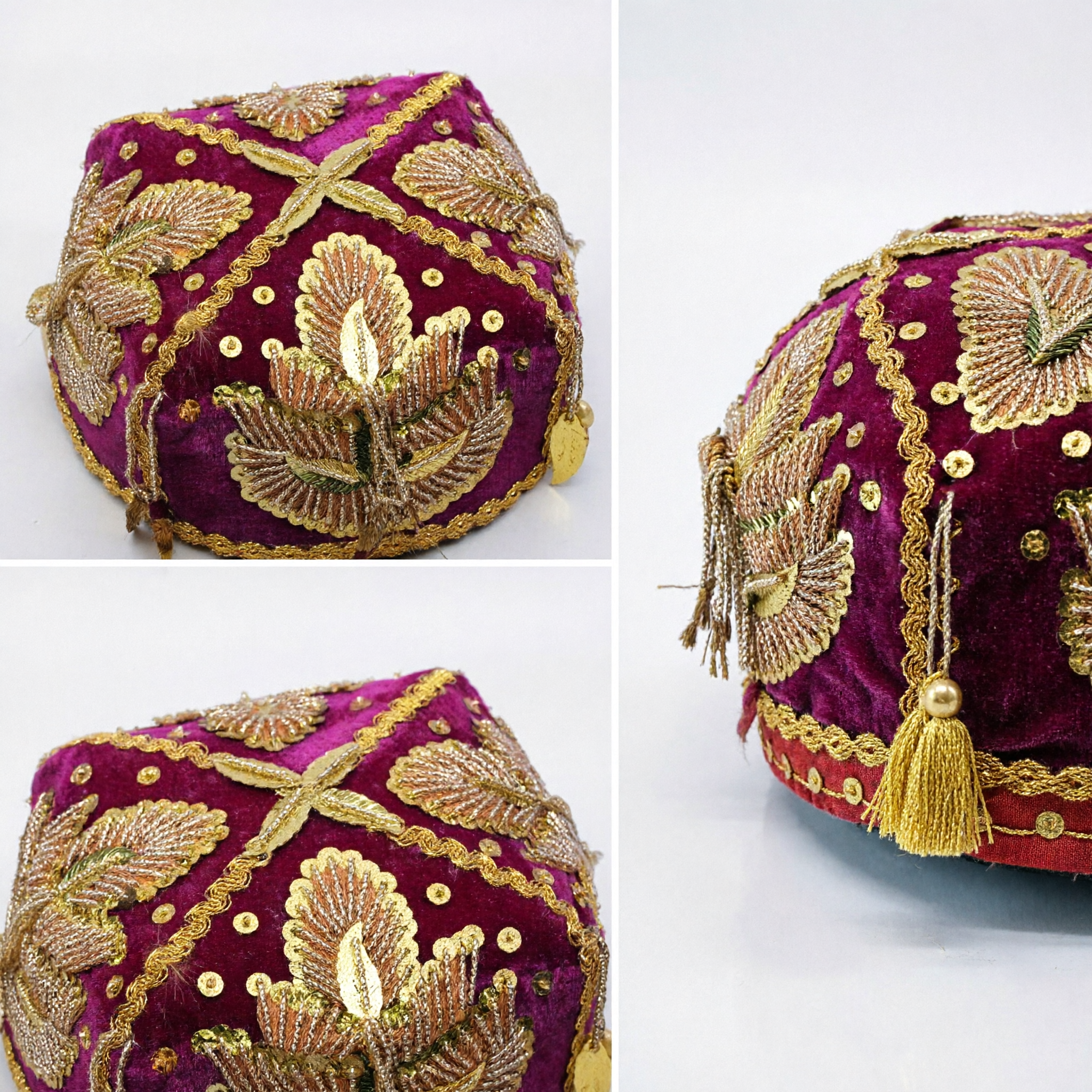 Traditional Chinese Embroidered Velvet Skullcap Maroon Gold Leaf Pattern Ethnic Headwear for Kids Festival Performance - Asian Costume