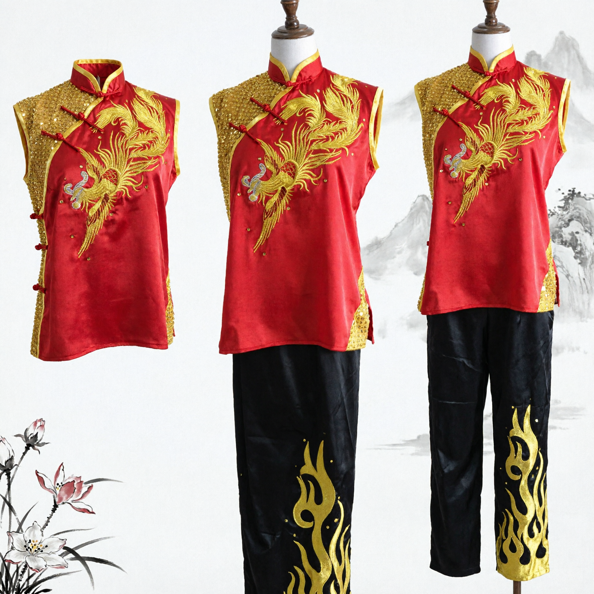 Rote Gold-Phönix-Stickerei Chinesische Kampfkunst-Uniform, Wushu-Kung-Fu-Aufführungskostüm für Frauen - Asian Costume