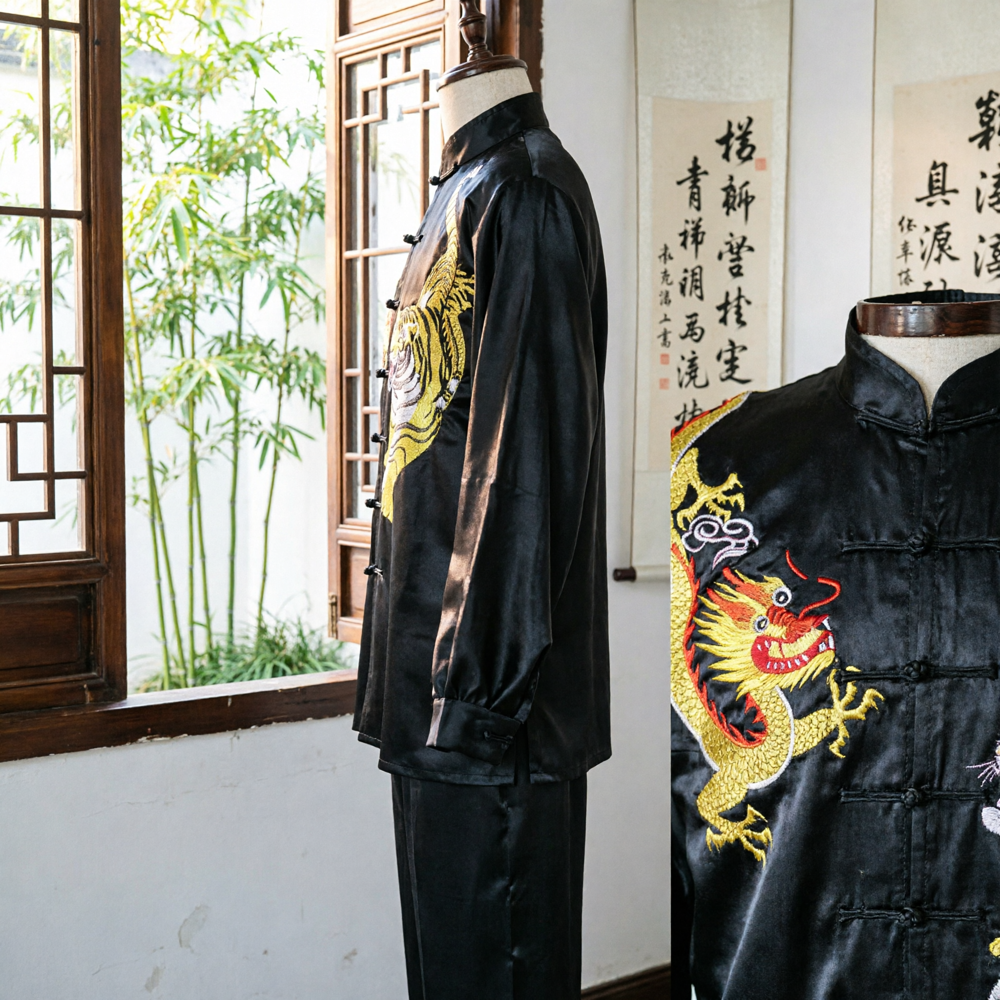 Schwarze Drachen-Tiger-Kung-Fu-Uniform für Männer, Traditioneller chinesischer Tai-Chi-Anzug mit Mandarin-Kragen, Kampfkunstkostüm - Asian Costume