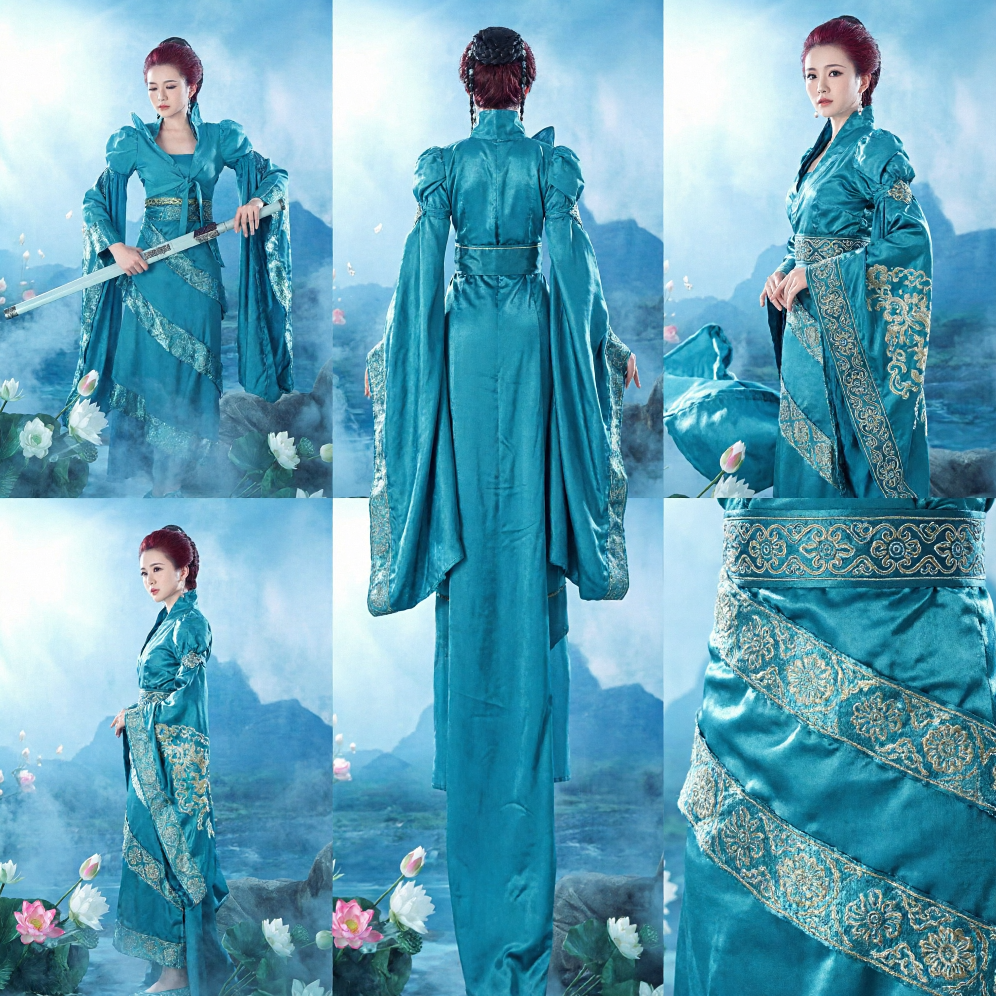 Disfraz de Espadachín Chino Antiguo para Mujeres, Vestido Hanfu Verde Azulado para Cosplay y Presentaciones de Artes Marciales - Asian Costume