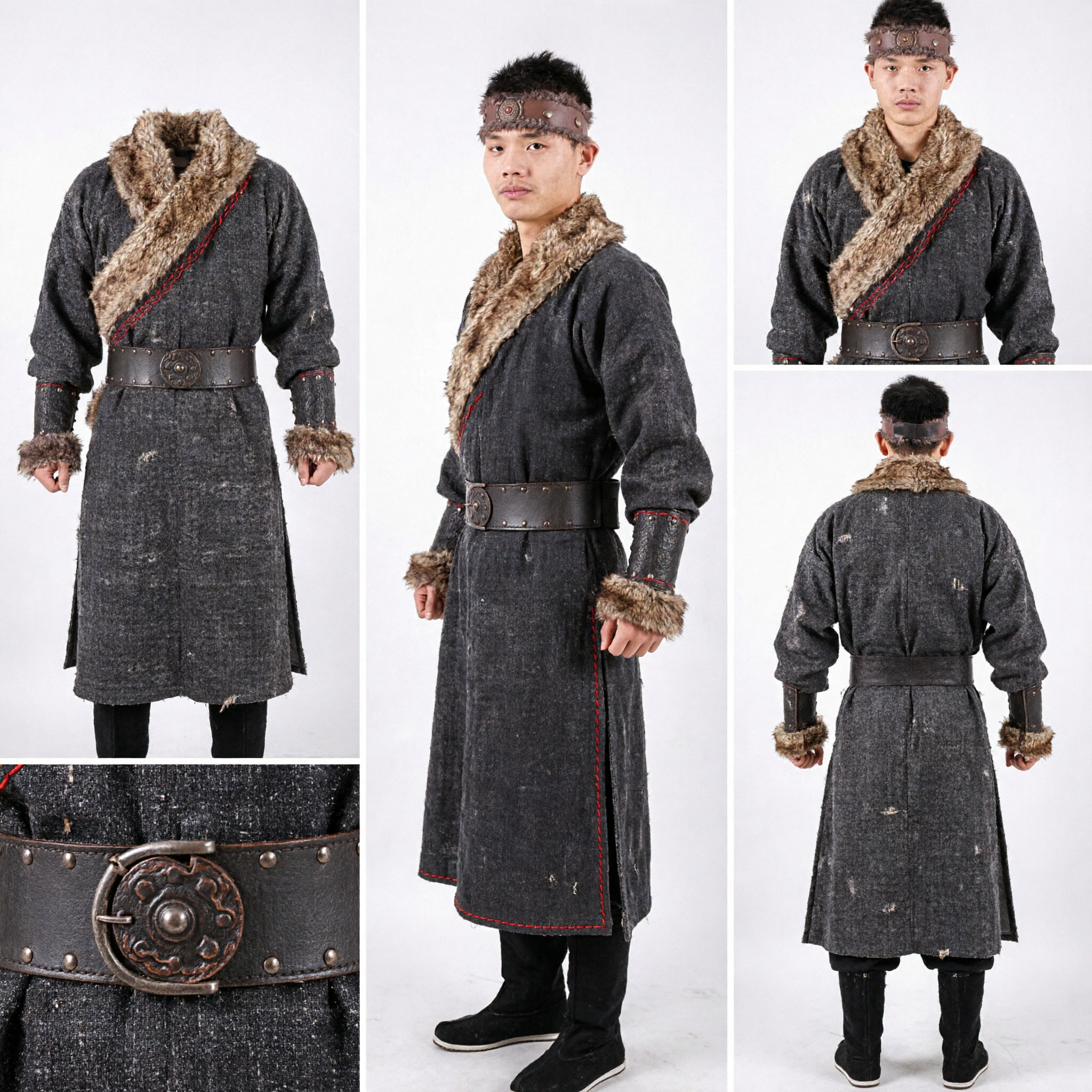 Oude Chinese krijger winterkostuum heren Kung Fu gewaad met bontkraag historische cosplay outfit - Asian Costume