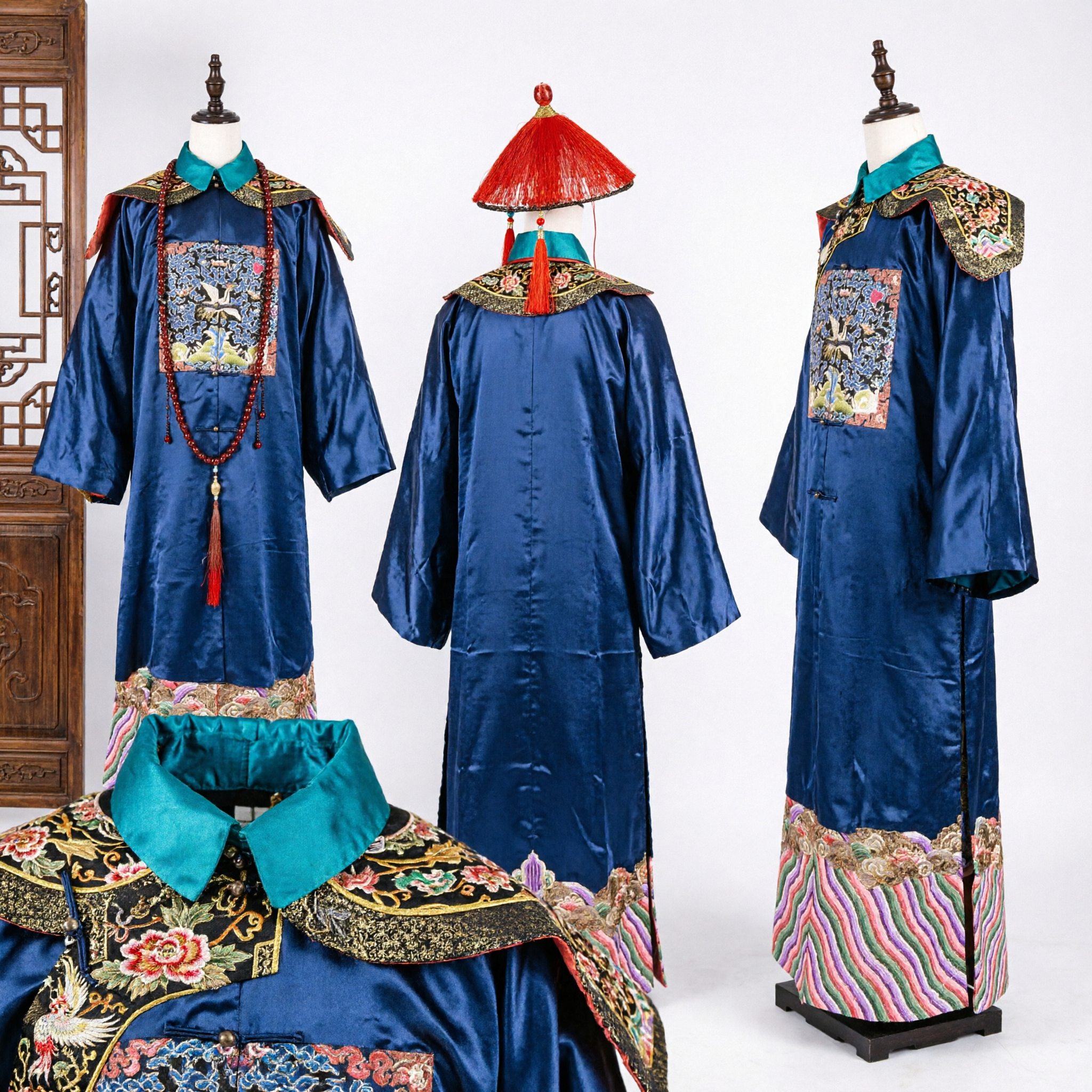 Costume da funzionario della dinastia Qing, veste Manchu antica cinese in seta blu, abbigliamento per spettacoli teatrali per uomo - Asian Costume
