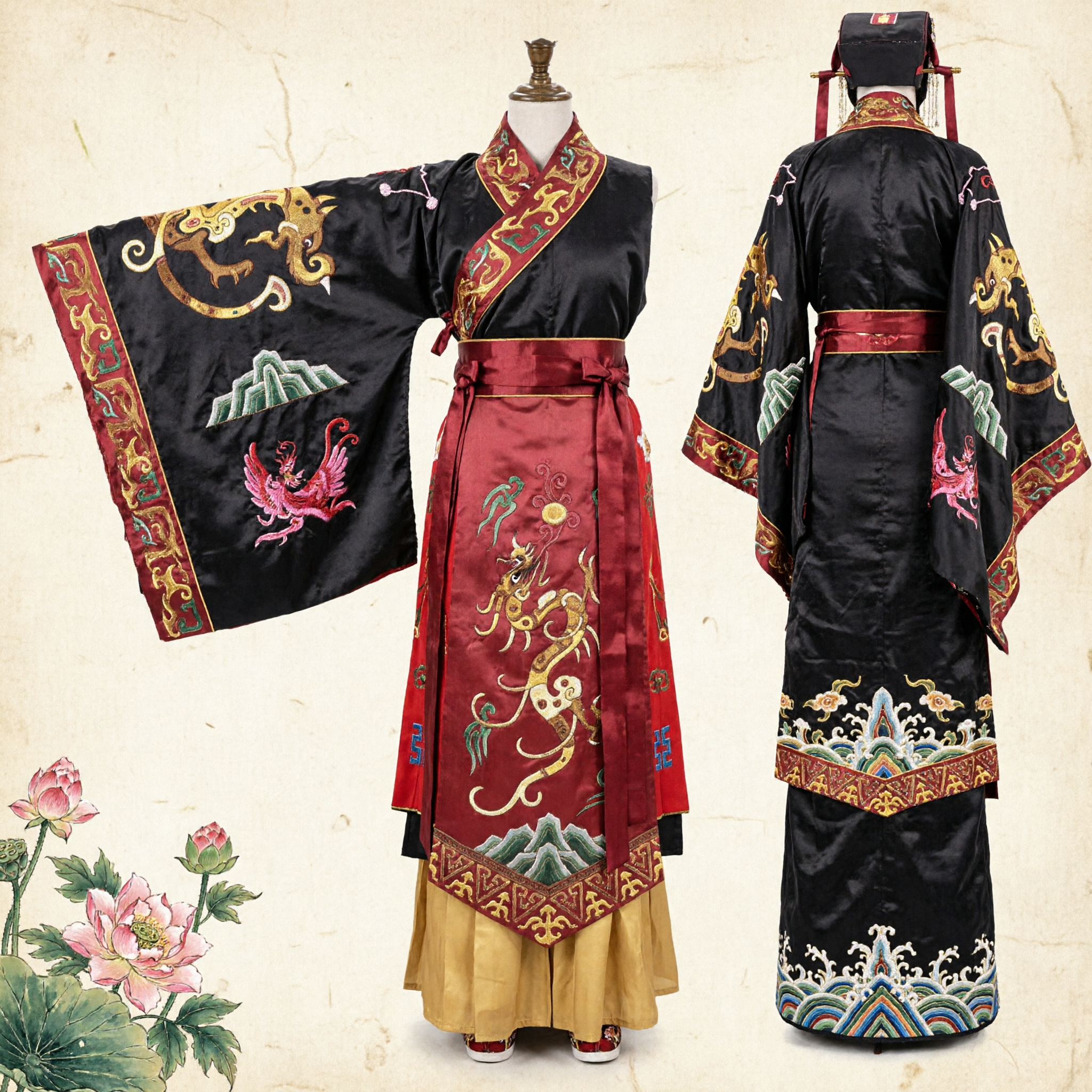 고대 중국 황제 한복 의상 검정 금색 용 로브 전통 의상 남성 무대 공연 코스프레 - Asian Costume