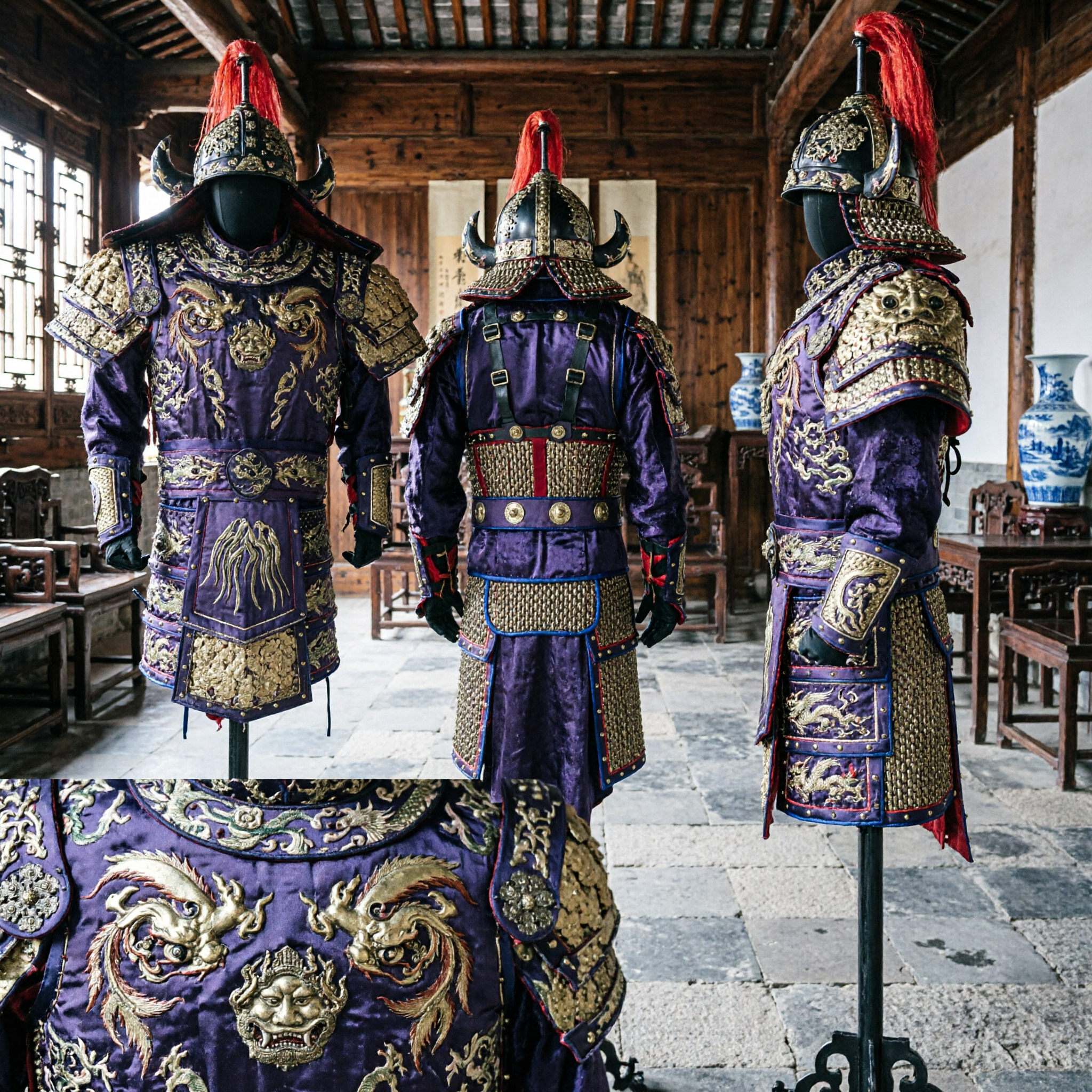 Costume da generale della dinastia Ming tradizionale cinese con motivo di drago dorato, per cosplay, rievocazione storica ed esposizione - Asian Costume