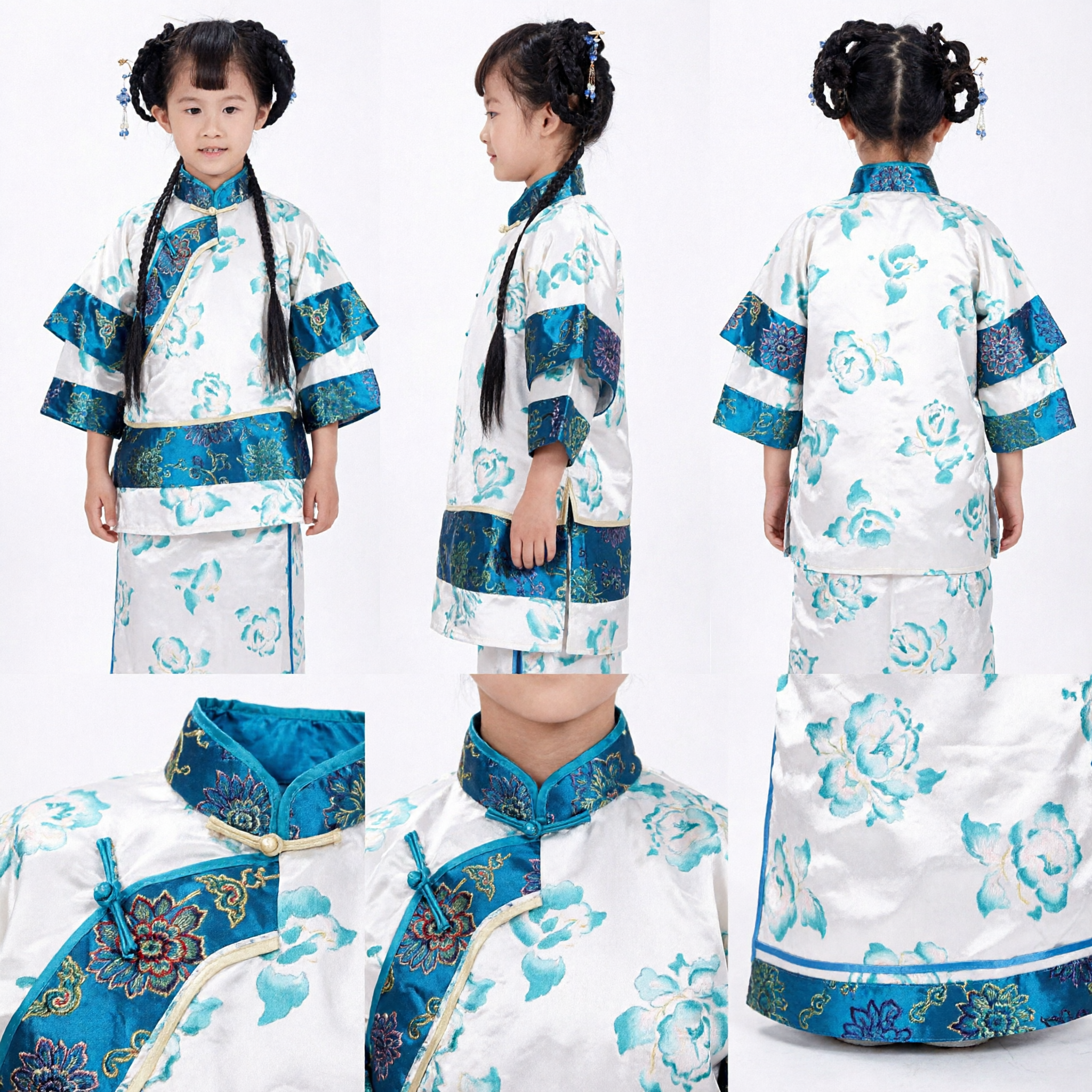 Traditionele Chinese kinderen Cheongsam set blauwe bloemen Qipao kostuum voor meisjes festival uitvoering - Asian Costume