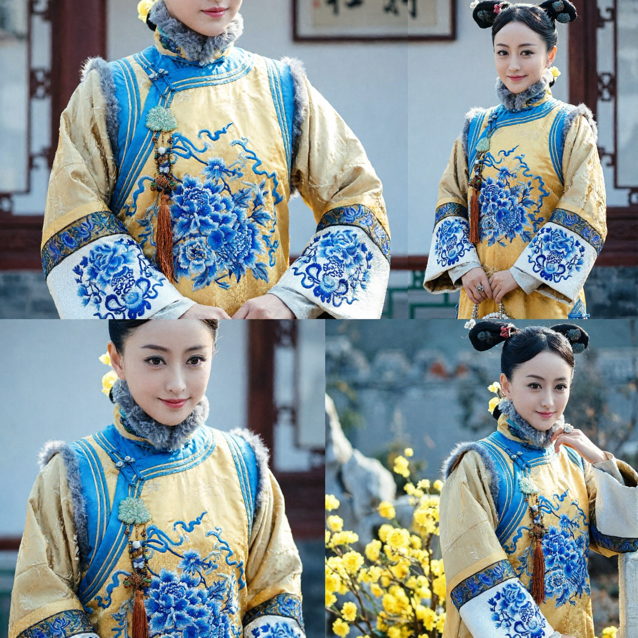 伝統的中国清朝満州族王女衣装 黄色刺繍ローブ 古代宮廷側室婦人服 - Asian Costume