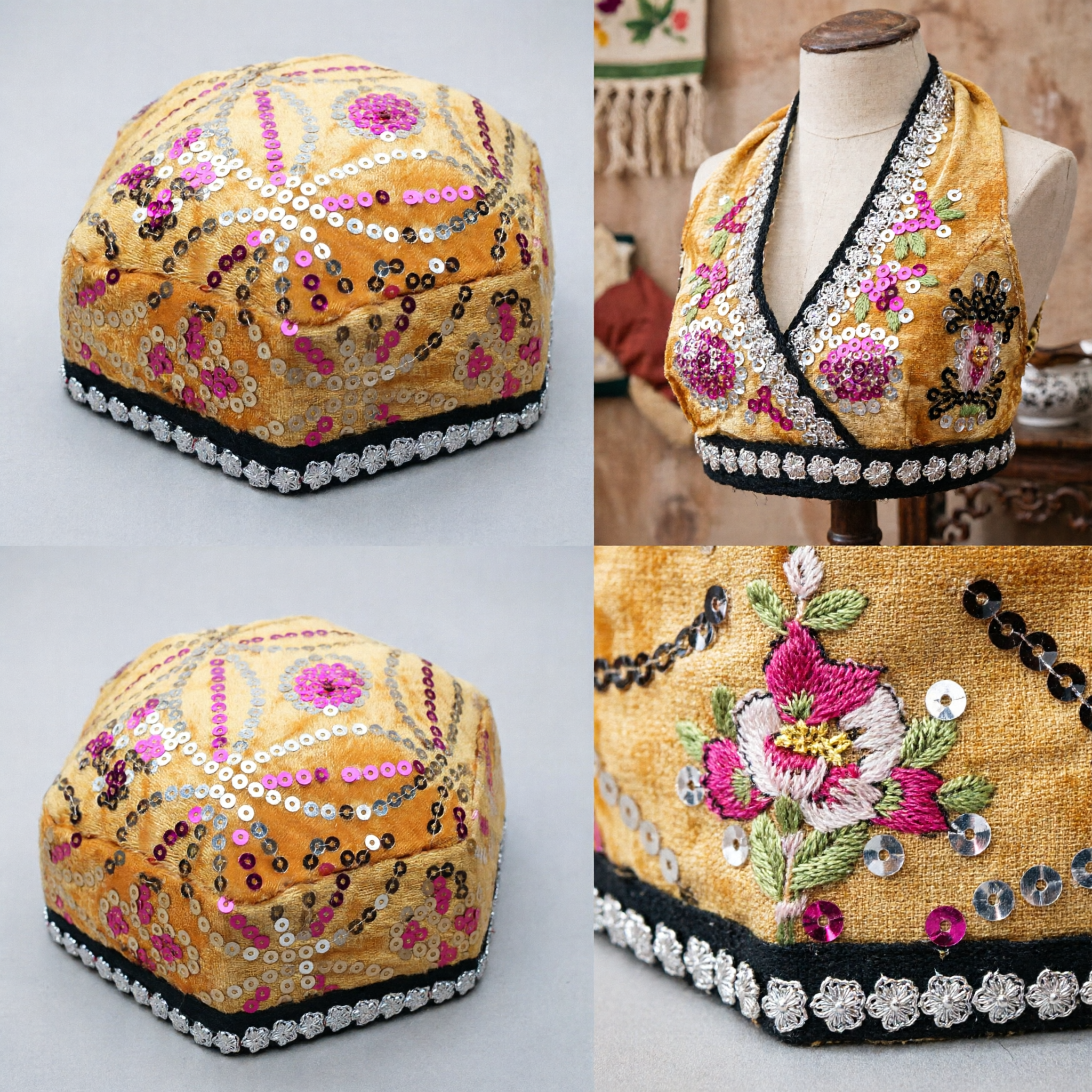 Yellow Velvet Sequined Skullcap Traditional Uyghur Xinjiang Ethnic Hat for Folk Dance and Cultural Performance - Asian Costume