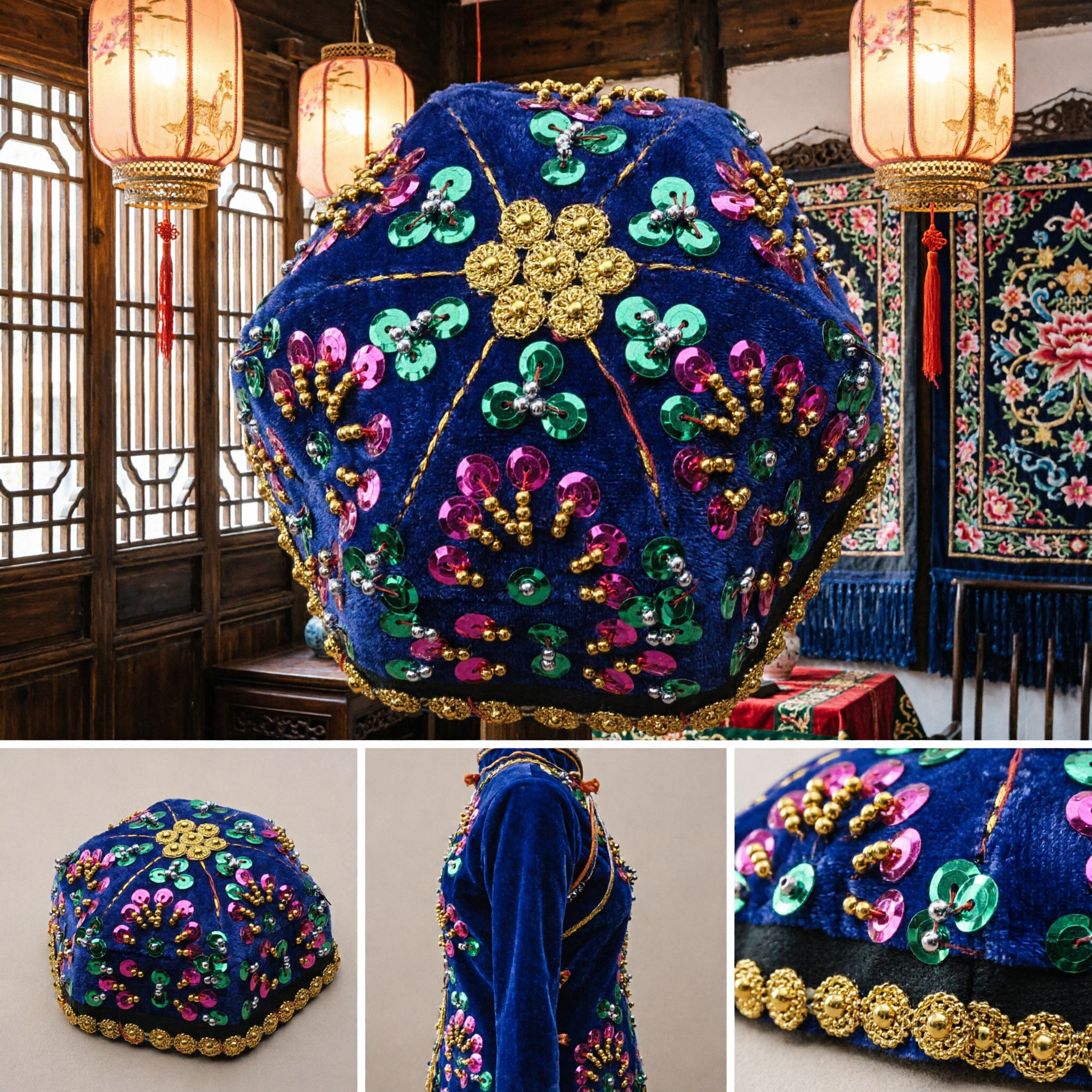Traditional Chinese Blue Velvet Skullcap Embroidered with Colorful Sequins and Gold Beads for Folk Dance - Asian Costume