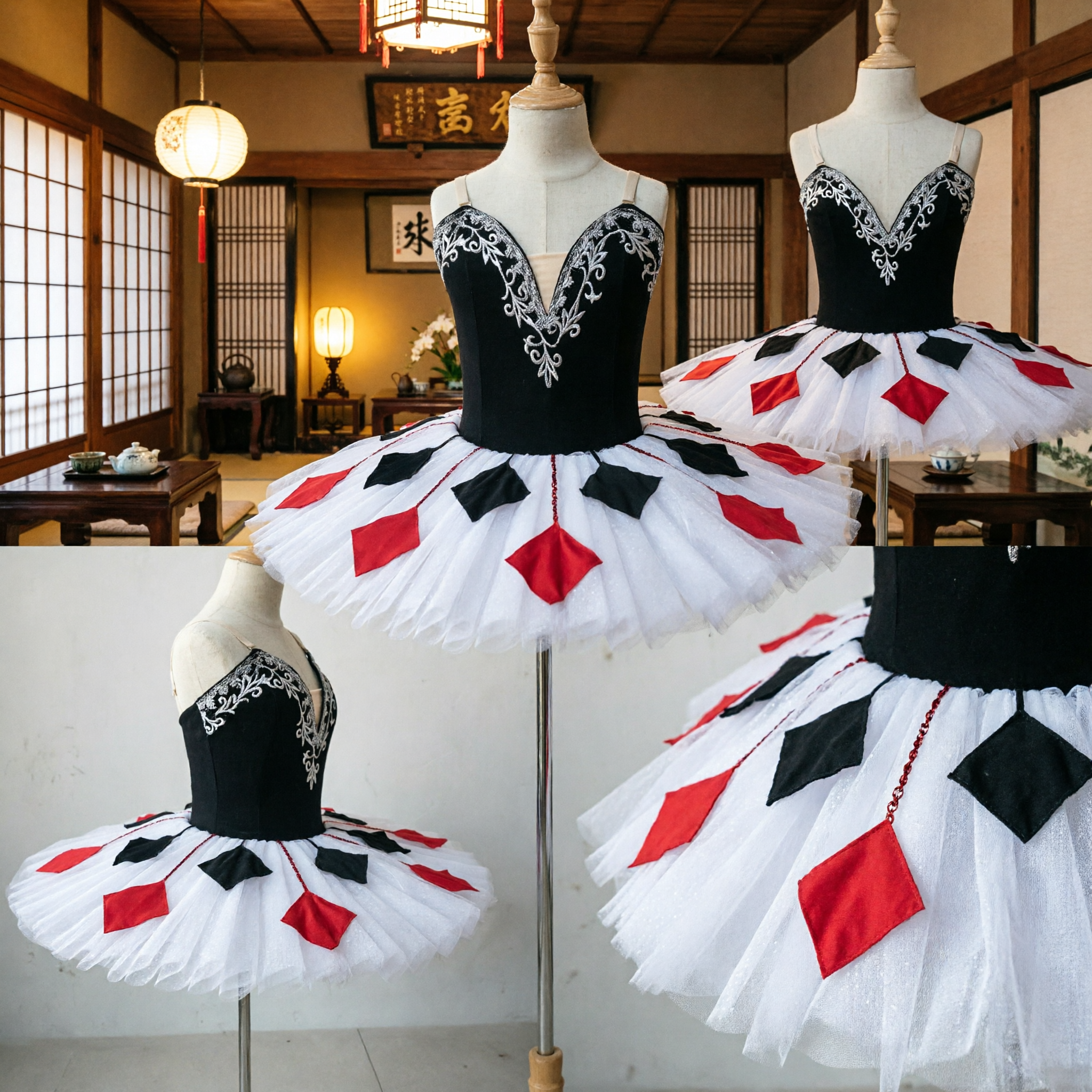 Klassiek Ballet Tutu Jurken Zwart Lijfje Zilver Borduursel Witte Rok met Rode Accenten voor Meisjes Optreden - Asian Costume