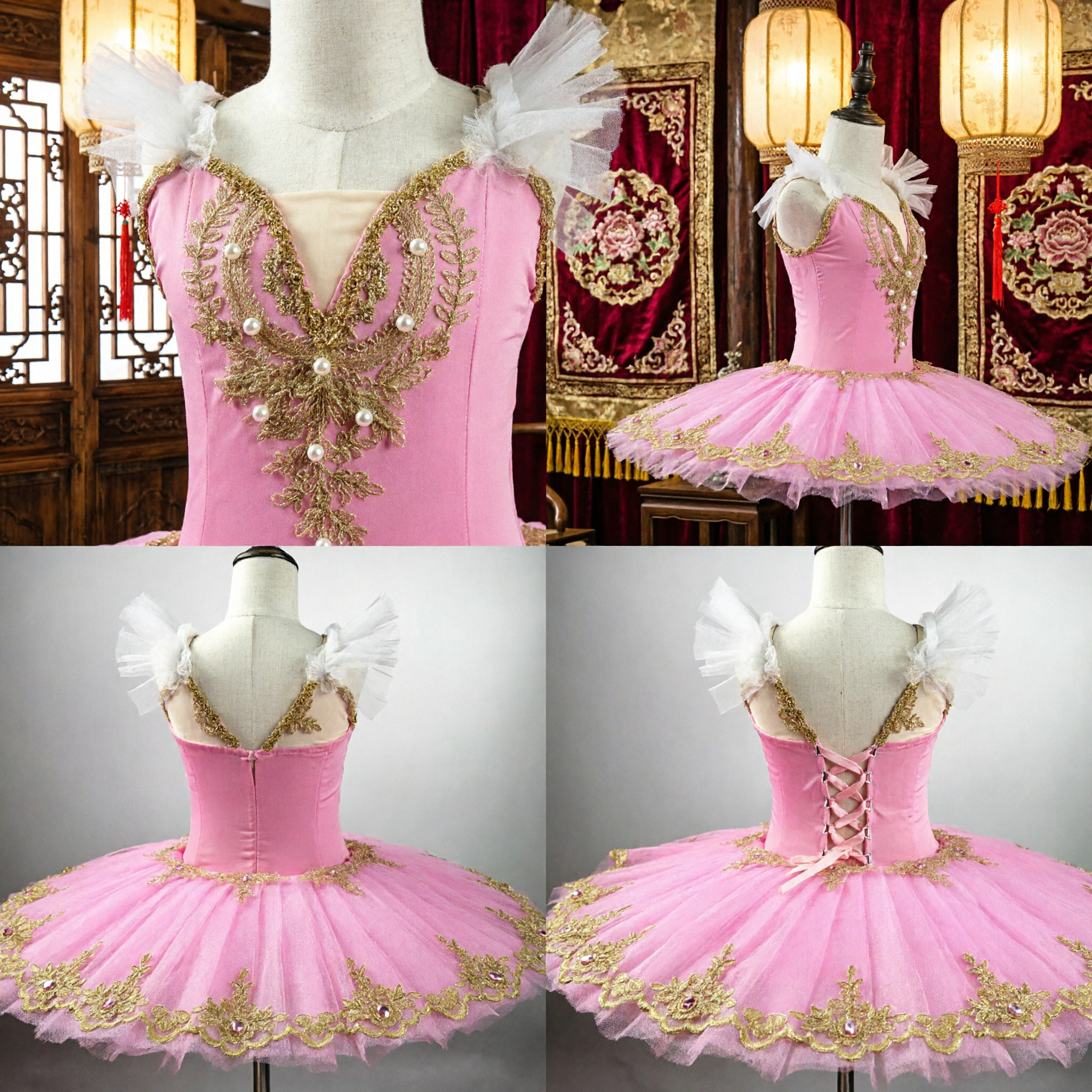 Tutu da balletto classico rosa per ragazze con ricami dorati e perle, per esibizioni di danza - Asian Costume