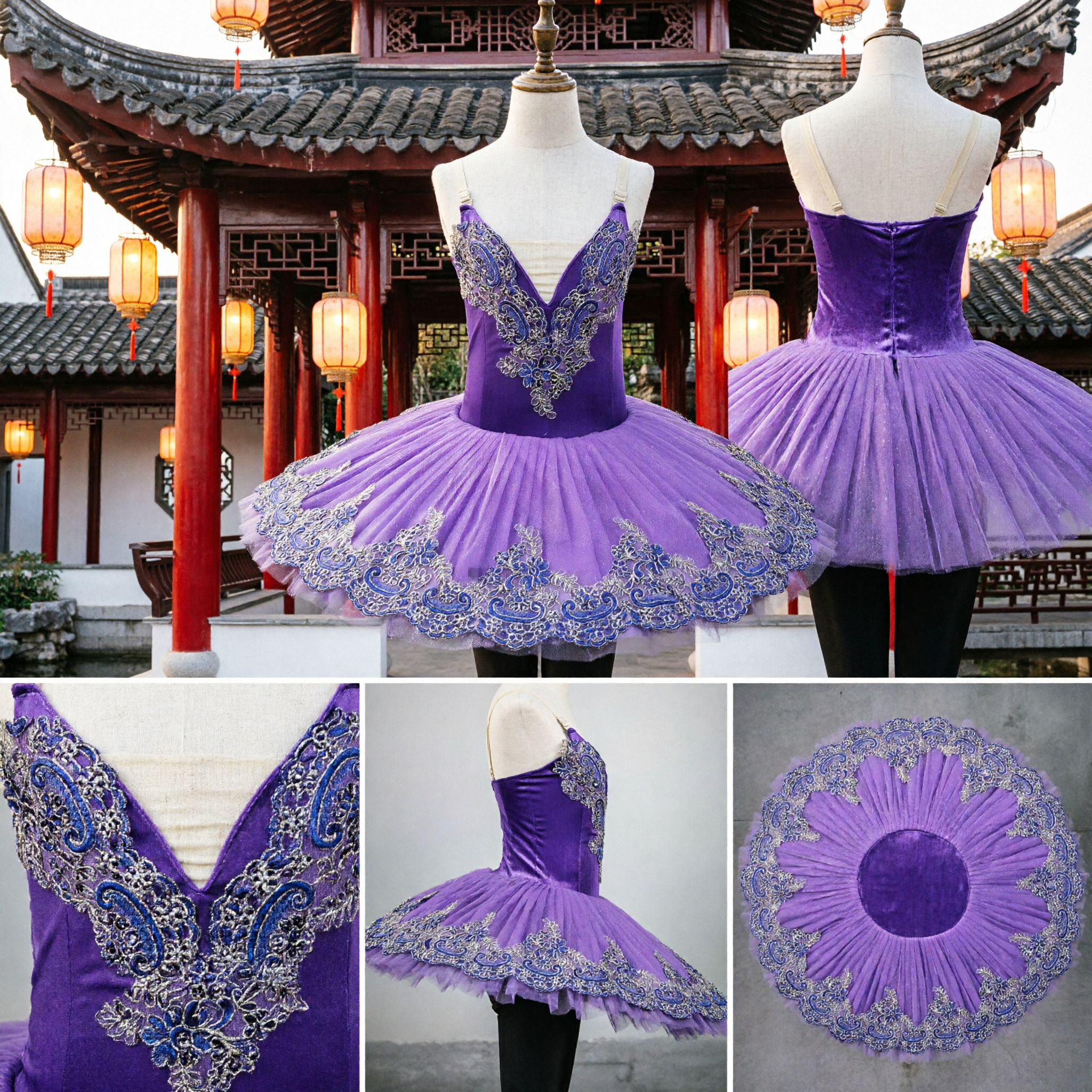 Tutu de ballet élégant violet style pancake avec broderie complexe de paillettes bleues et argentées pour performances scéniques professionnelles - Asian Costume