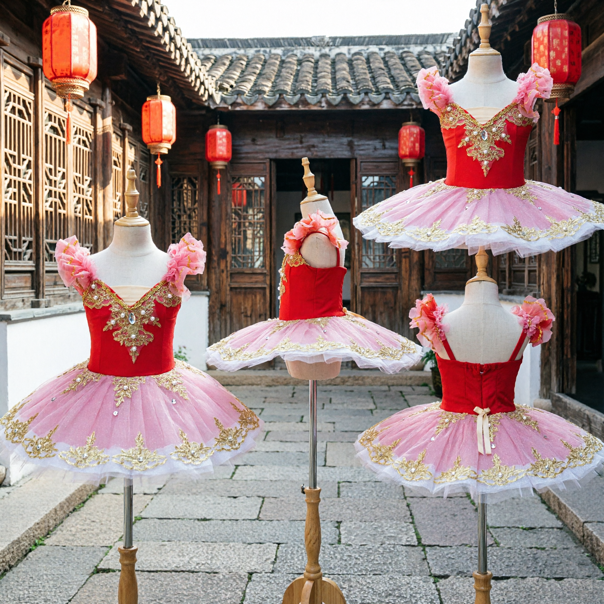 프로페셔널 레드 앤 핑크 클래식 발레 튜튜 드레스 금색 자수 여아 스테이지 댄스 공연 의상 - Asian Costume