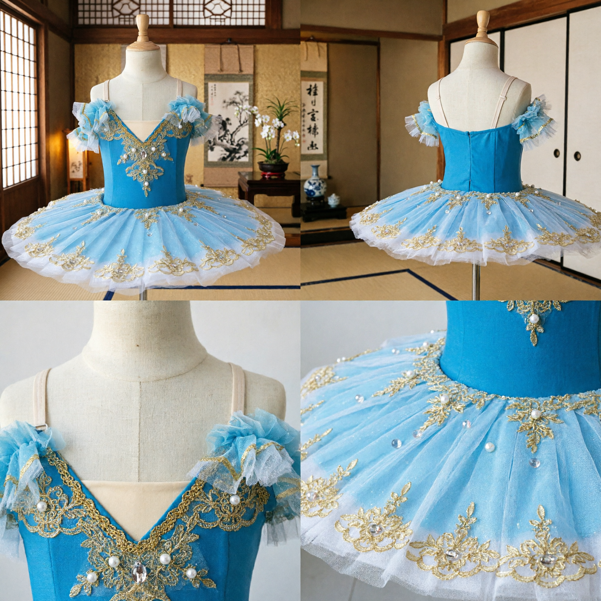 Tutu de ballet classique bleu clair professionnel avec broderie dorée pour performance de danse scénique - Asian Costume