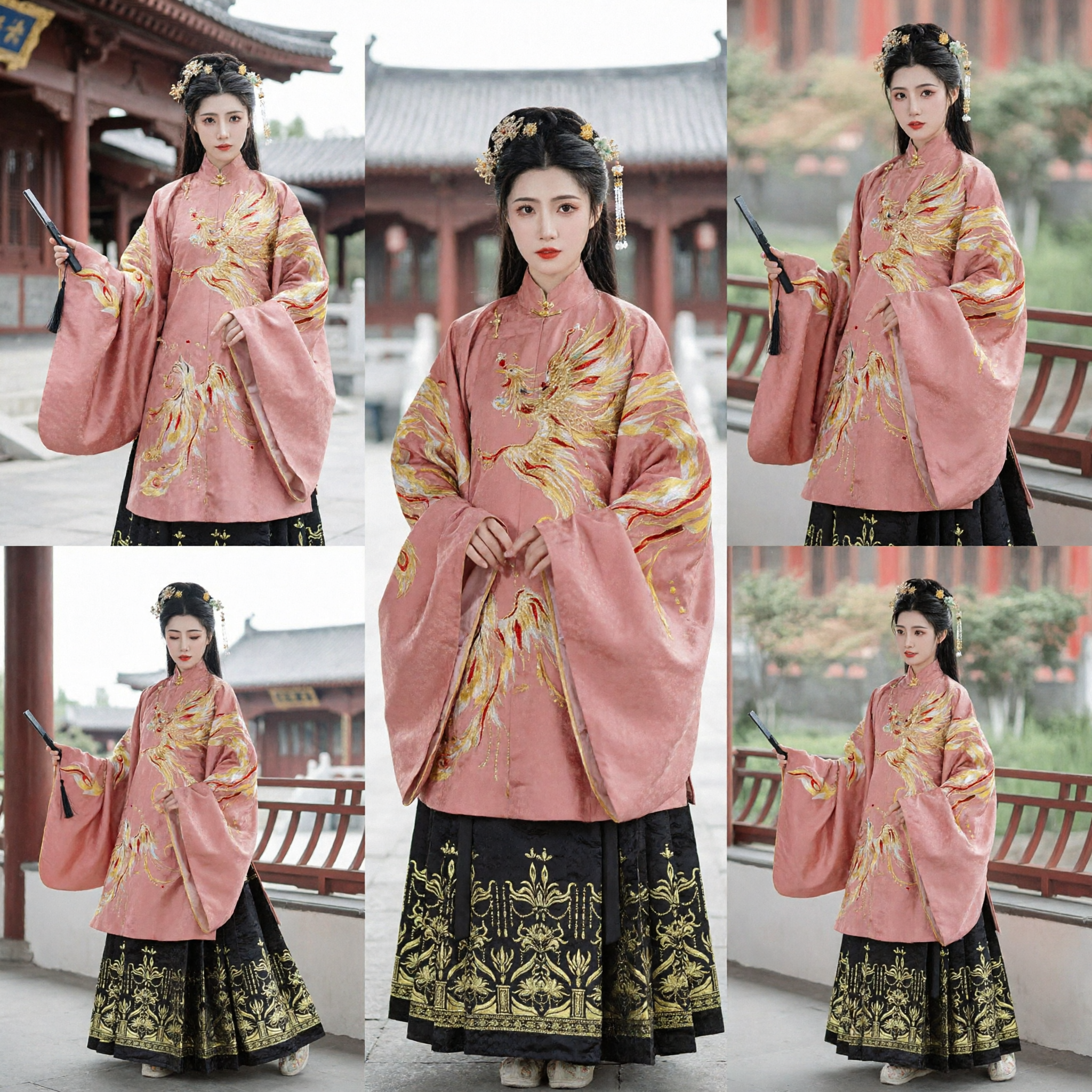Costume Hanfu tradizionale cinese della dinastia Ming, giacca rosa ricamata con fenice e gonna nera, abbigliamento antico per donna - Asian Costume