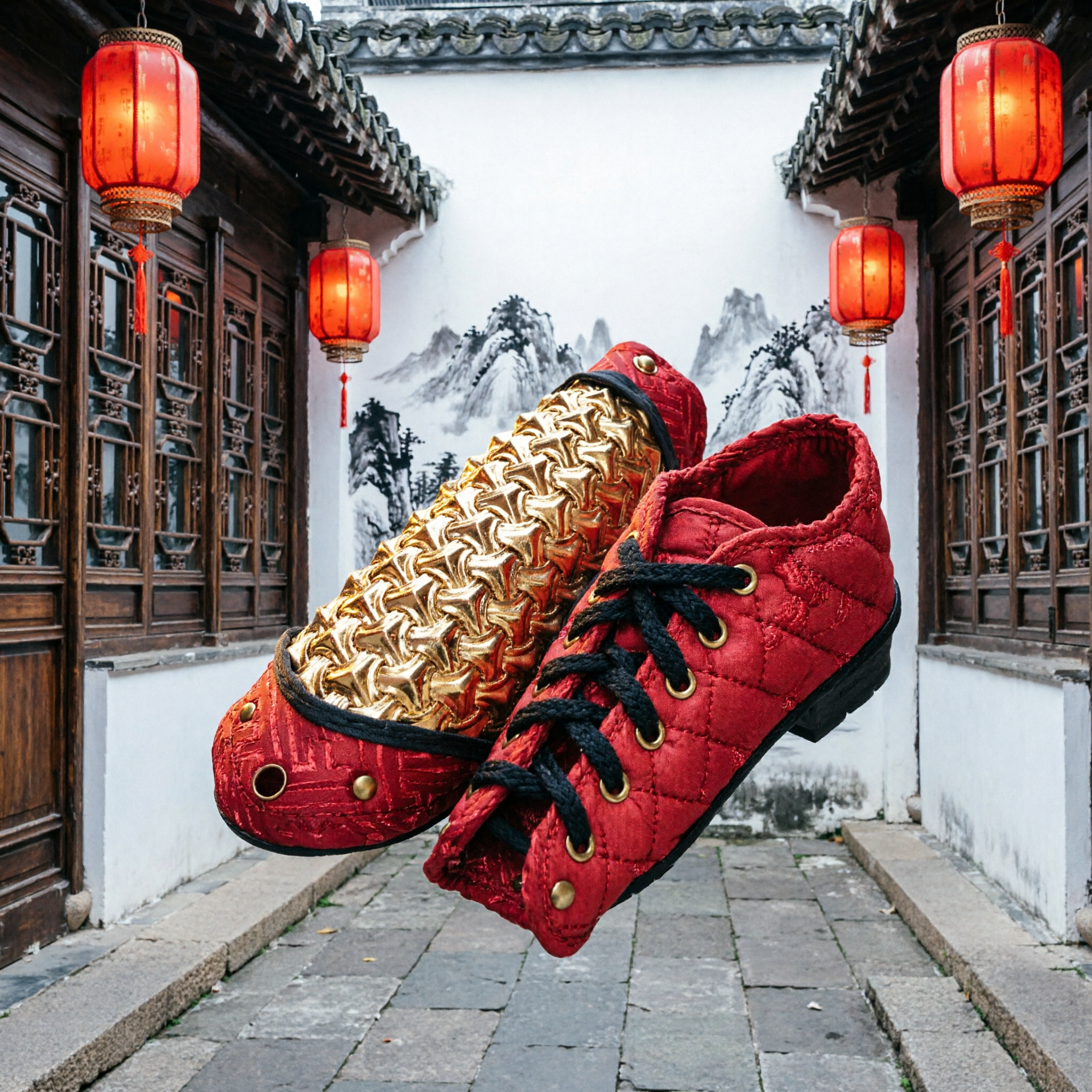 Protetores de Braço de Escama de Dragão Vermelho e Dourado Tradicional Chinês para Performance de Dança do Leão e Kung Fu, Acessórios de Fantasia - Asian Costume
