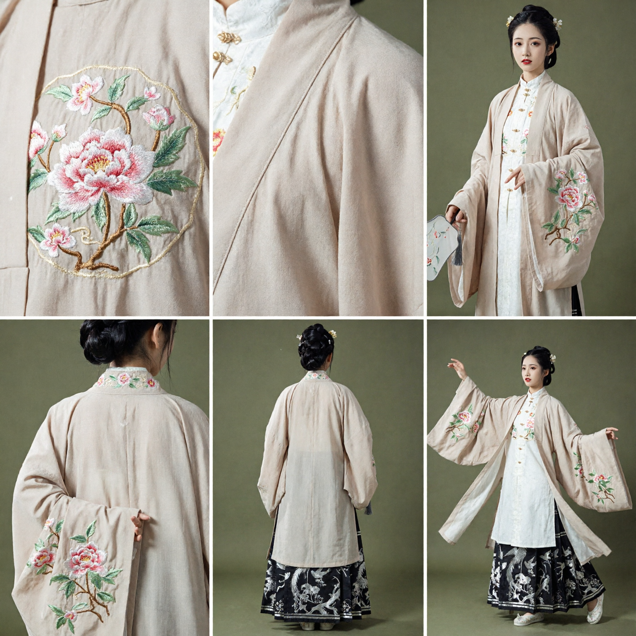 Elegante Ming-dynastie Hanfu Kostuum voor Vrouwen Beige Bloemen Geborduurde Jas en Donker Gepatronde Rok Set - Asian Costume