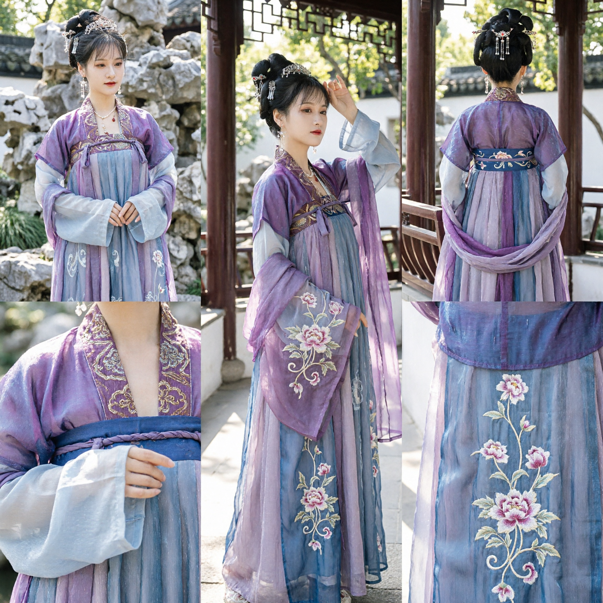 Elegant Purple and Blue Tang Dynasty Hanfu Traditional Chinese Ancient Costume Embroidered Dress for Women Cosplay - Asian Costume