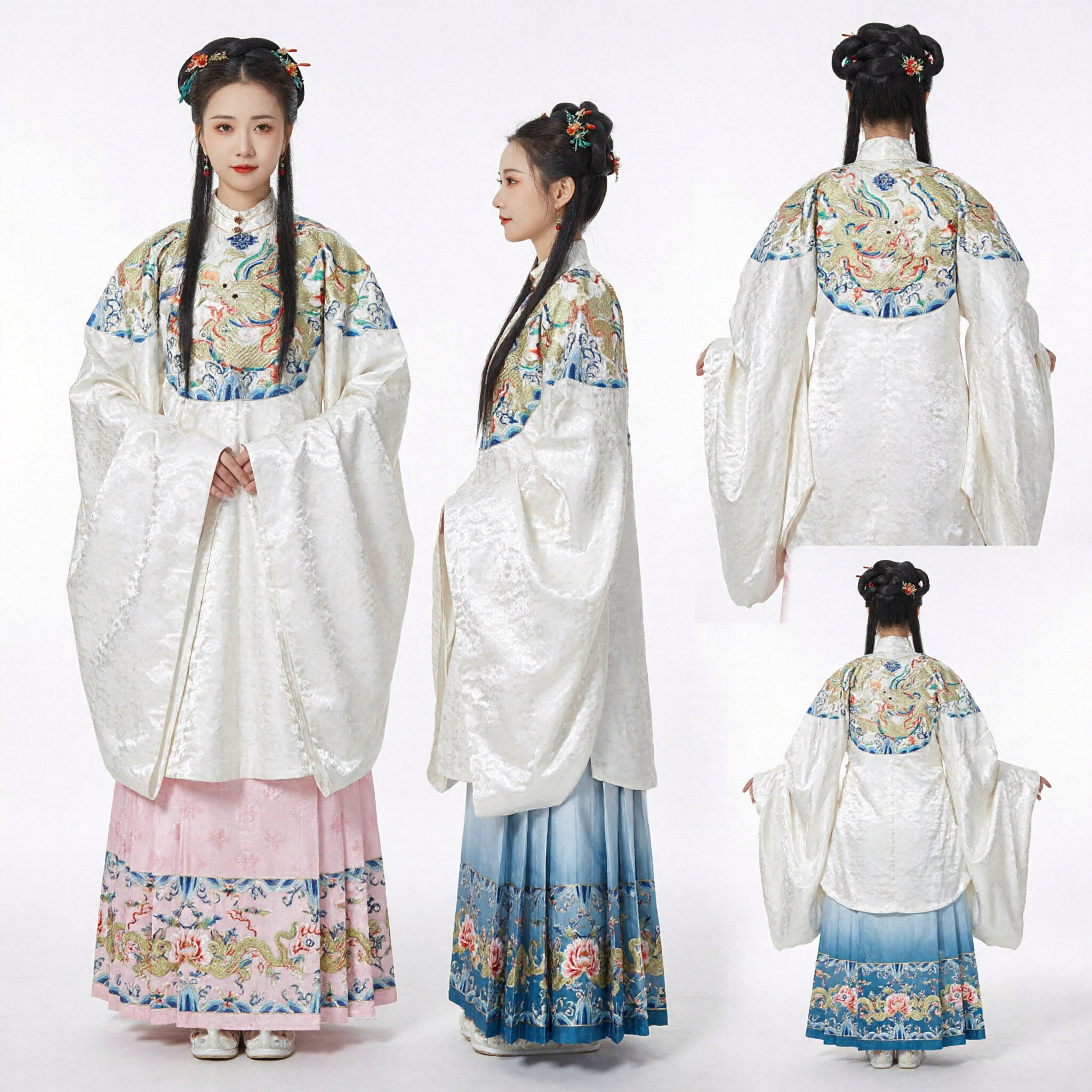 Традиционный китайский костюм Ханьфу эпохи Мин: белый плащ Пифэн и комплект с розовой вышитой юбкой для женщин - Asian Costume