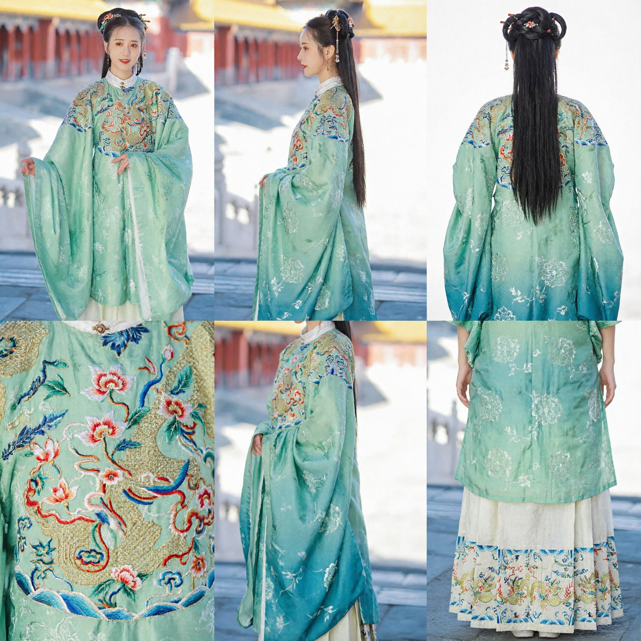 Traje Hanfu de la Dinastía Ming China Antigua Conjunto de Túnica Pifeng y Falda Verde con Bordado de Dragón para Mujer - Asian Costume