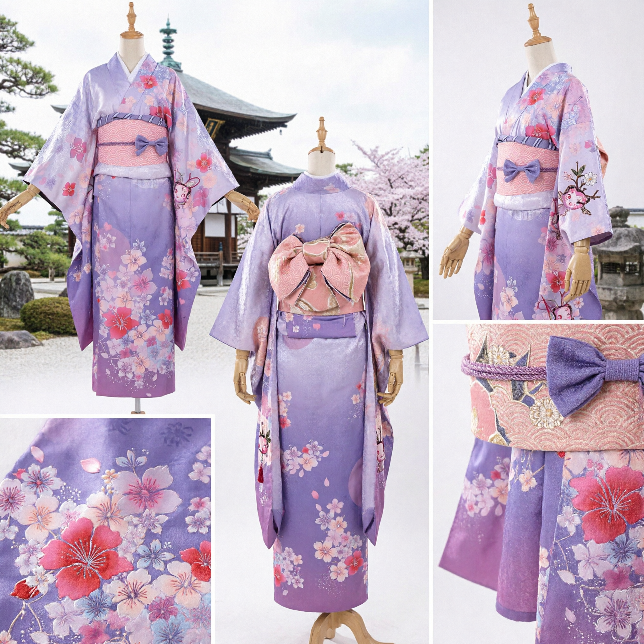 Frauen lila japanisches Kimono Furisode-Kostüm Sakura-Blumenmuster Anime-Cosplay-Outfit für Halloween - Asian Costume
