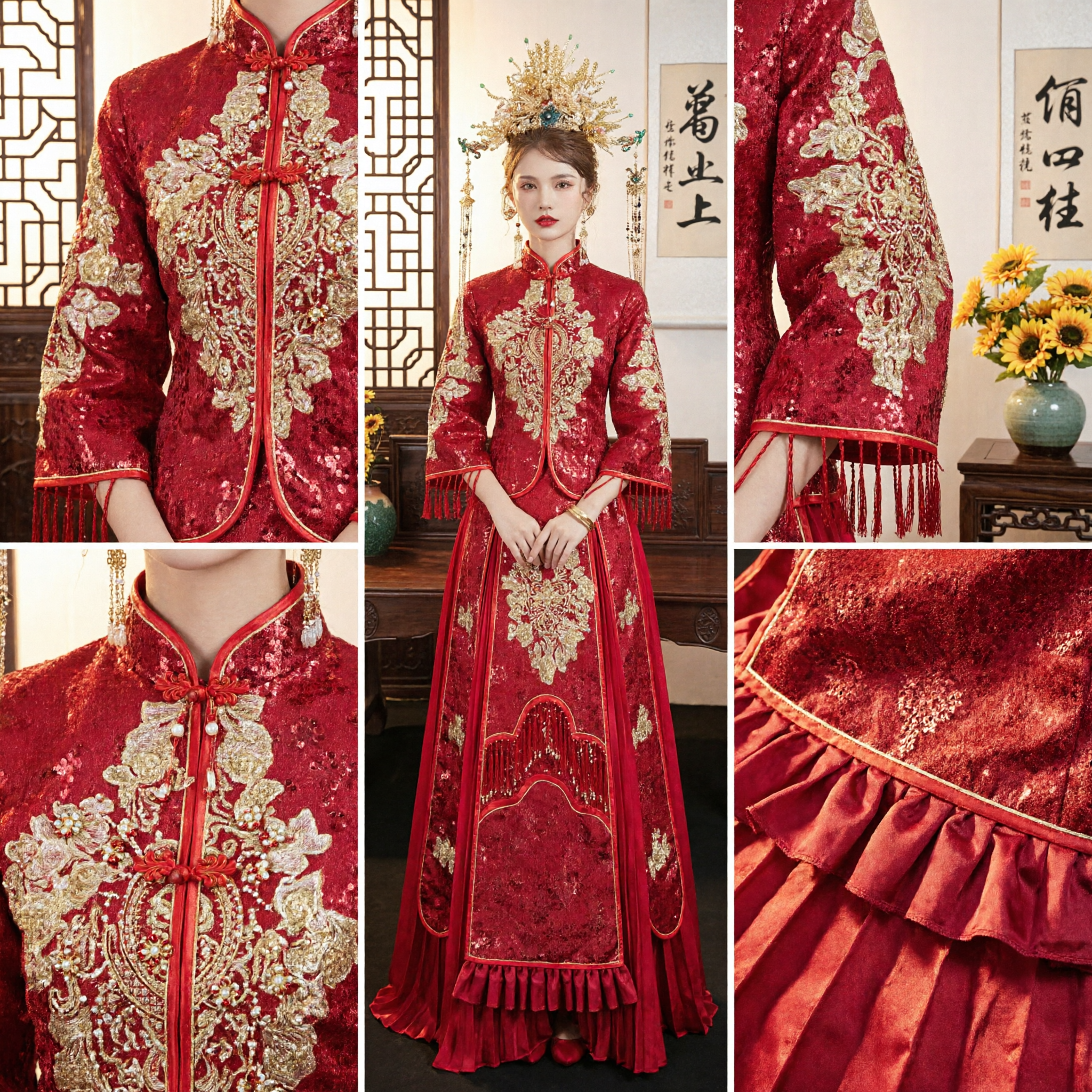 Vestido de Novia Tradicional Chino para la Novia Xiuhefu Rojo Traje Antiguo con Bordado Dorado y Corona de Fénix - Asian Costume