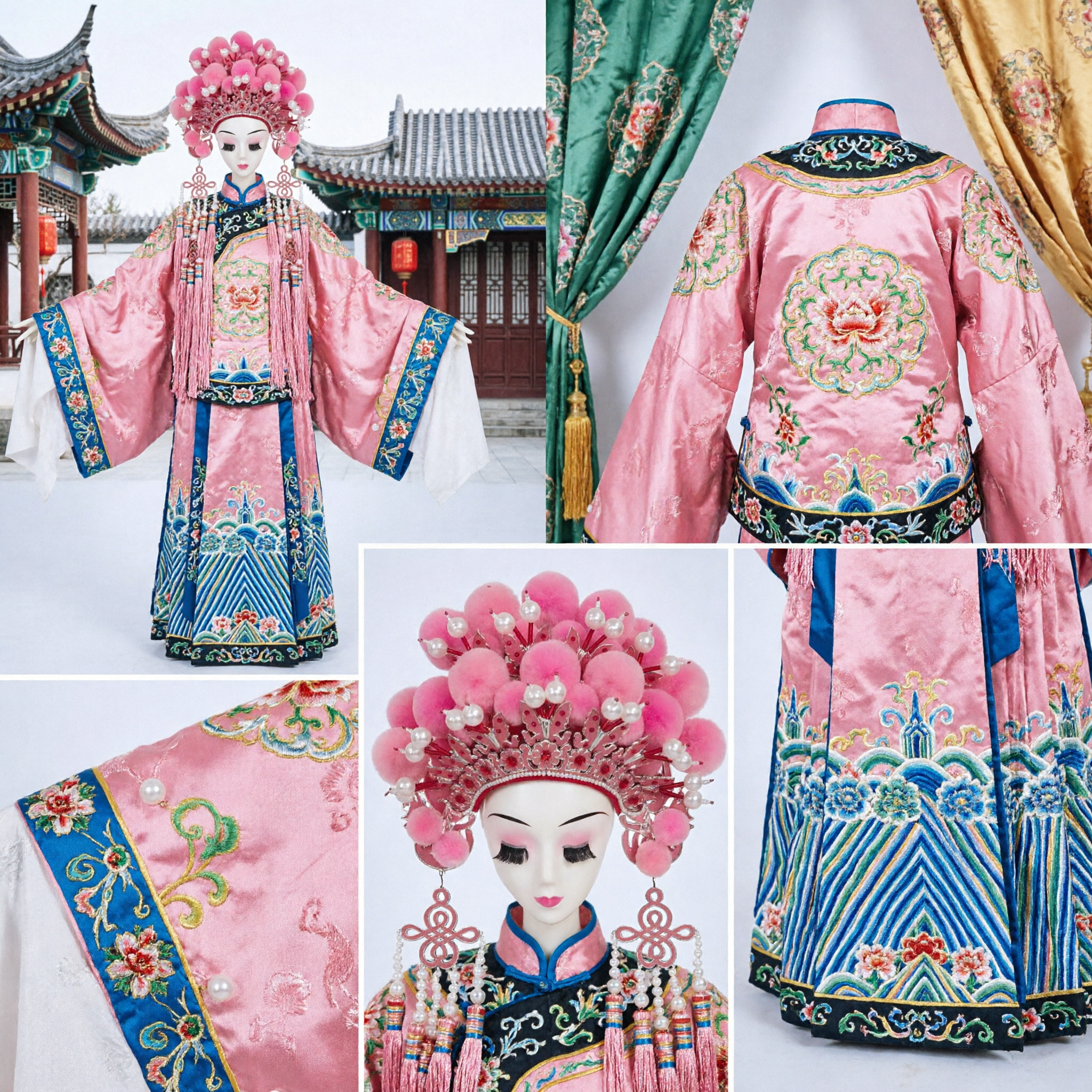 Copricapo tradizionale dell'Opera di Pechino, fermacapelli corona fenice con pon-pon rosa per costume Hua Dan e performance - Asian Costume