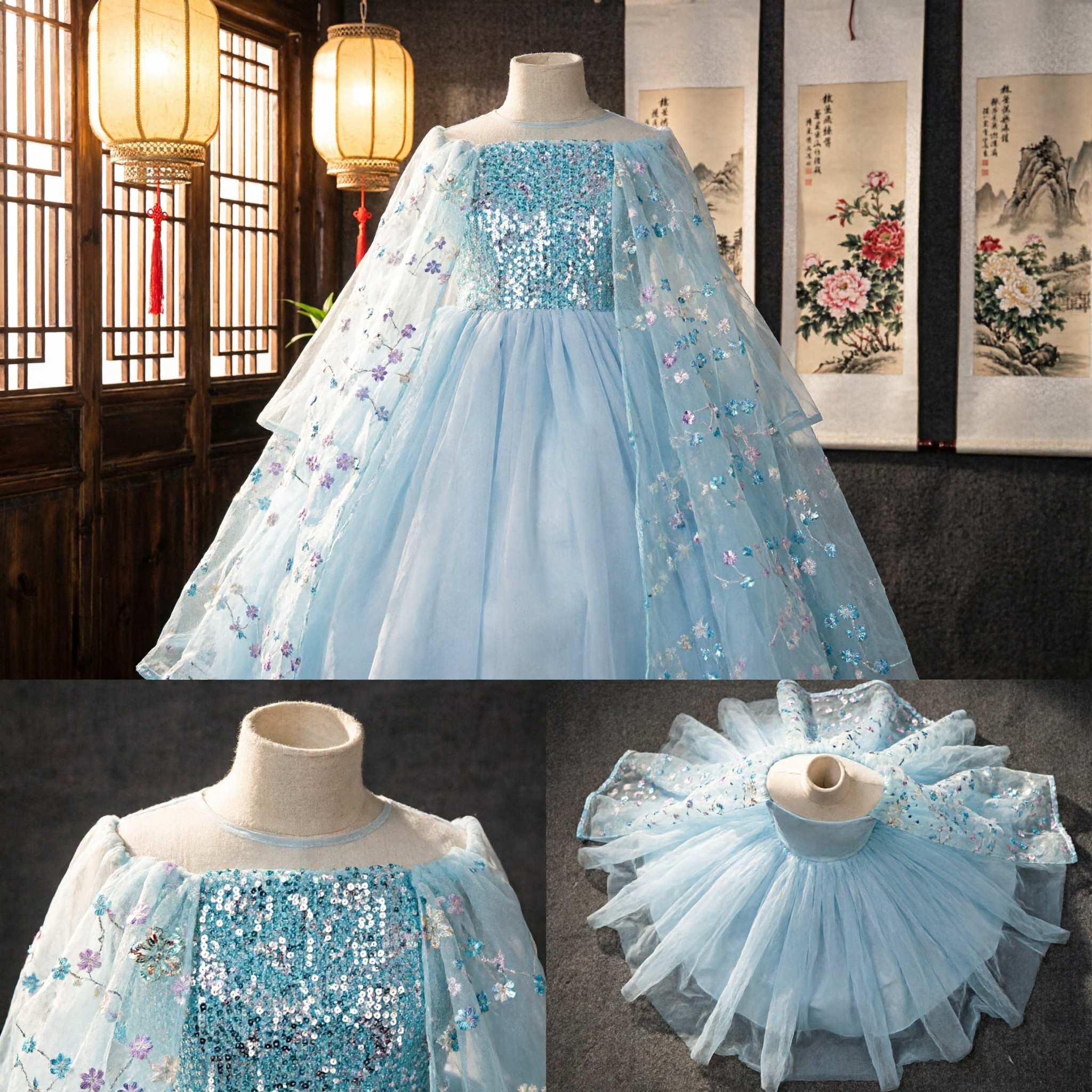 Mädchen Blaues Tüll-Prinzessinnenkleid mit Pailletten-Body und Cape für Kinder Cosplay Halloween-Party - Asian Costume