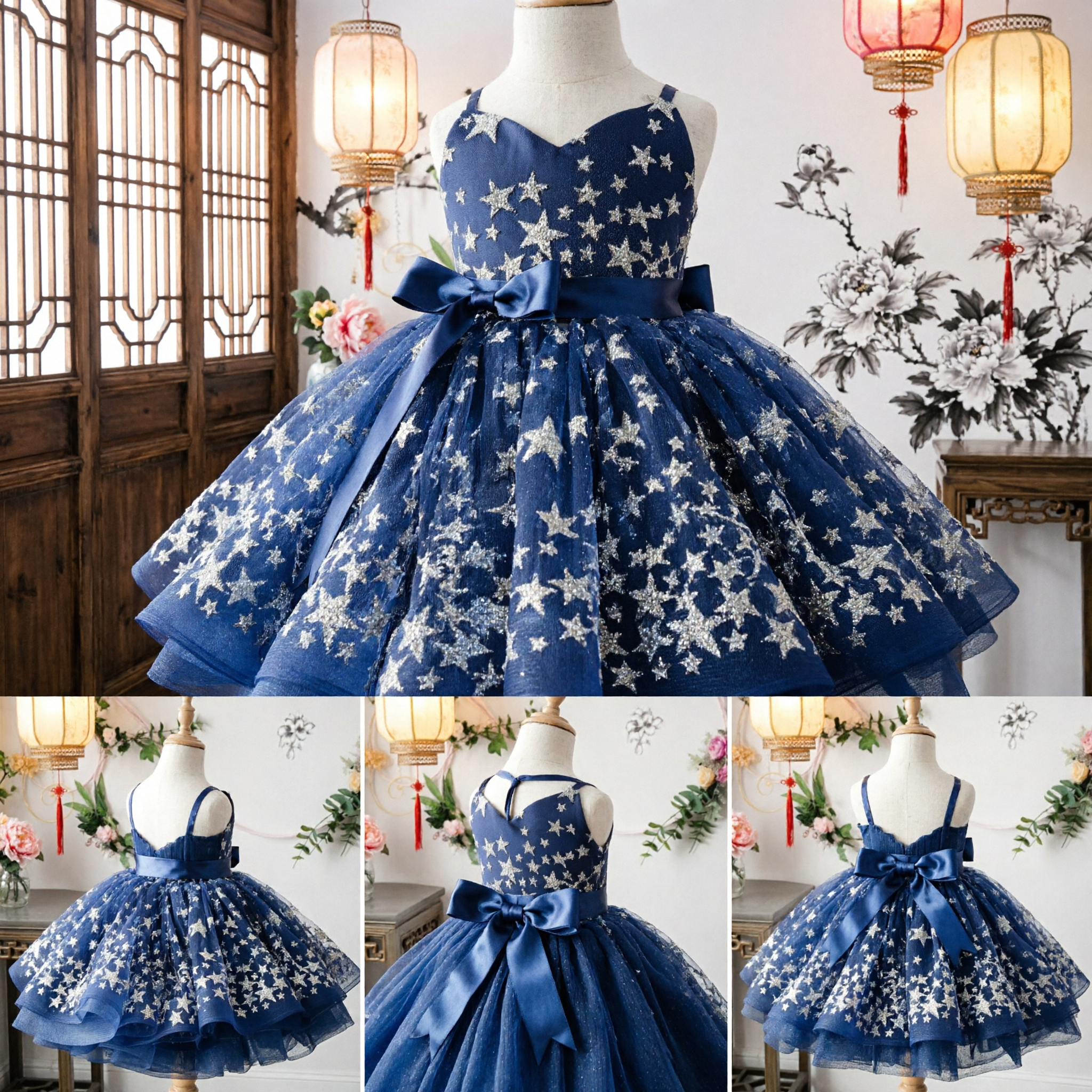 Robe tutu bleu marine à étoiles argentées pour filles Princesse pour fête d'anniversaire et concours de robe de bal - Asian Costume