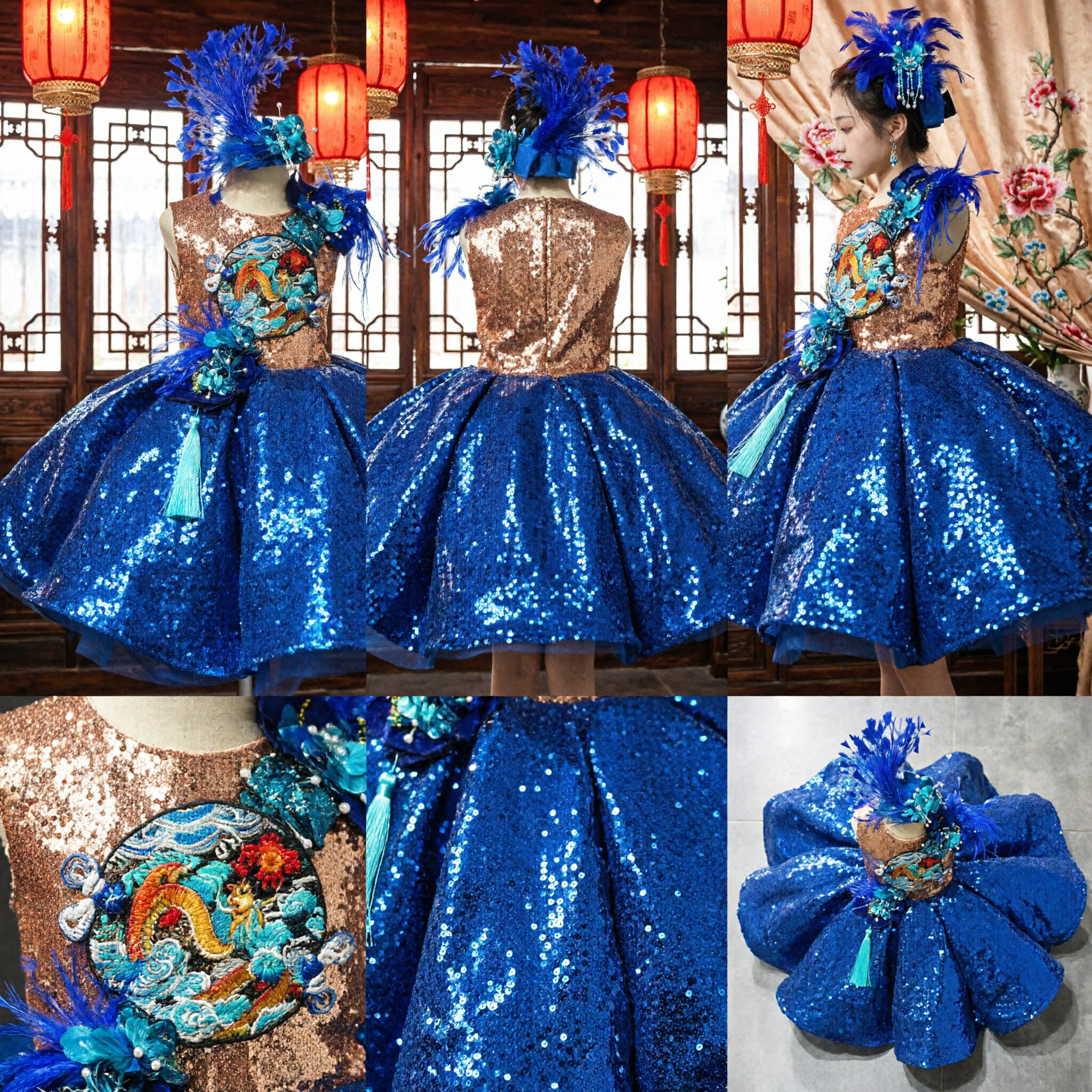 Fantasia Infantil Azul de Lantejoulas de Dança do Dragão Chinês com Adereço de Cabeça de Penas para Performance no Palco de Meninas - Asian Costume