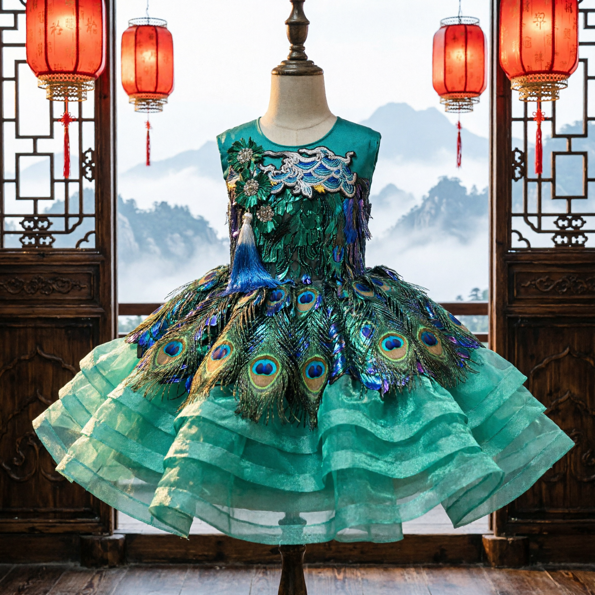 Meisjes Turquoise Pauwen Dans Kostuum Pailletten Tutu Jurk voor Traditioneel Chinees Podiumoptreden - Asian Costume