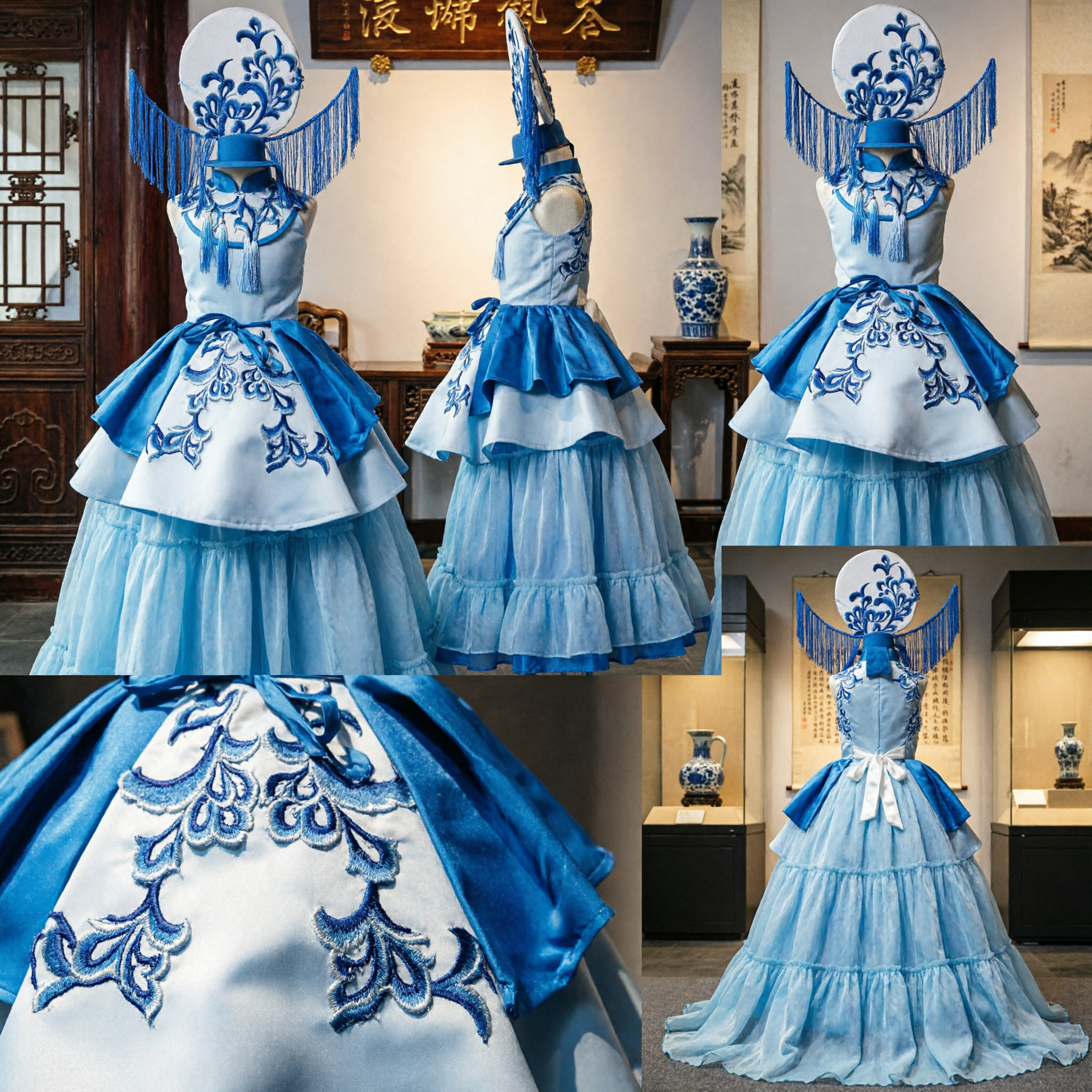 Exquisite Blauw-wit Porselein Chinese Opera Kostuum met Hoofdtooi voor Vrouwen Podiumoptreden - Asian Costume