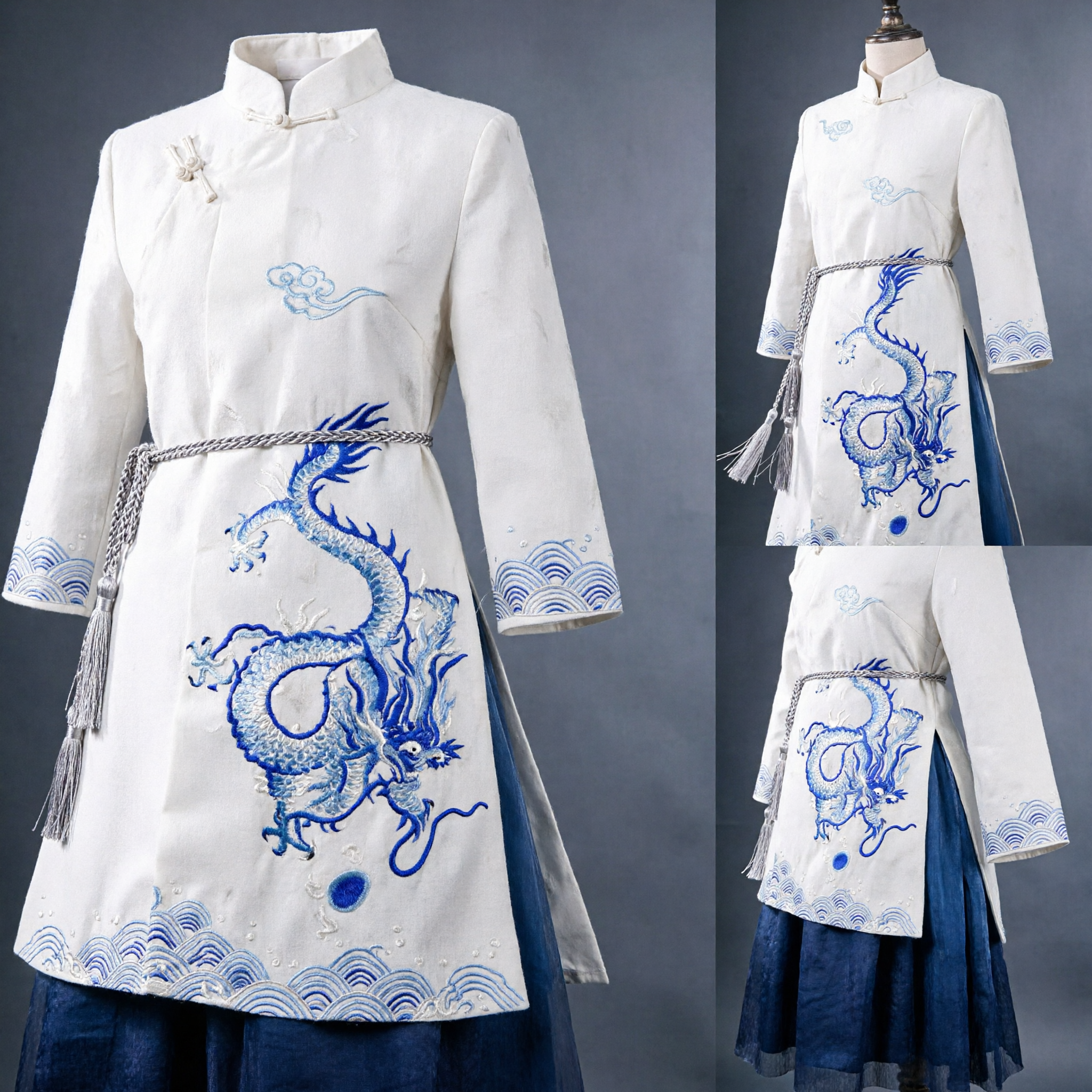 Costume Hanfu traditionnel chinois blanc pour hommes avec broderie de dragon bleu, robe ancienne de chevalier - Asian Costume