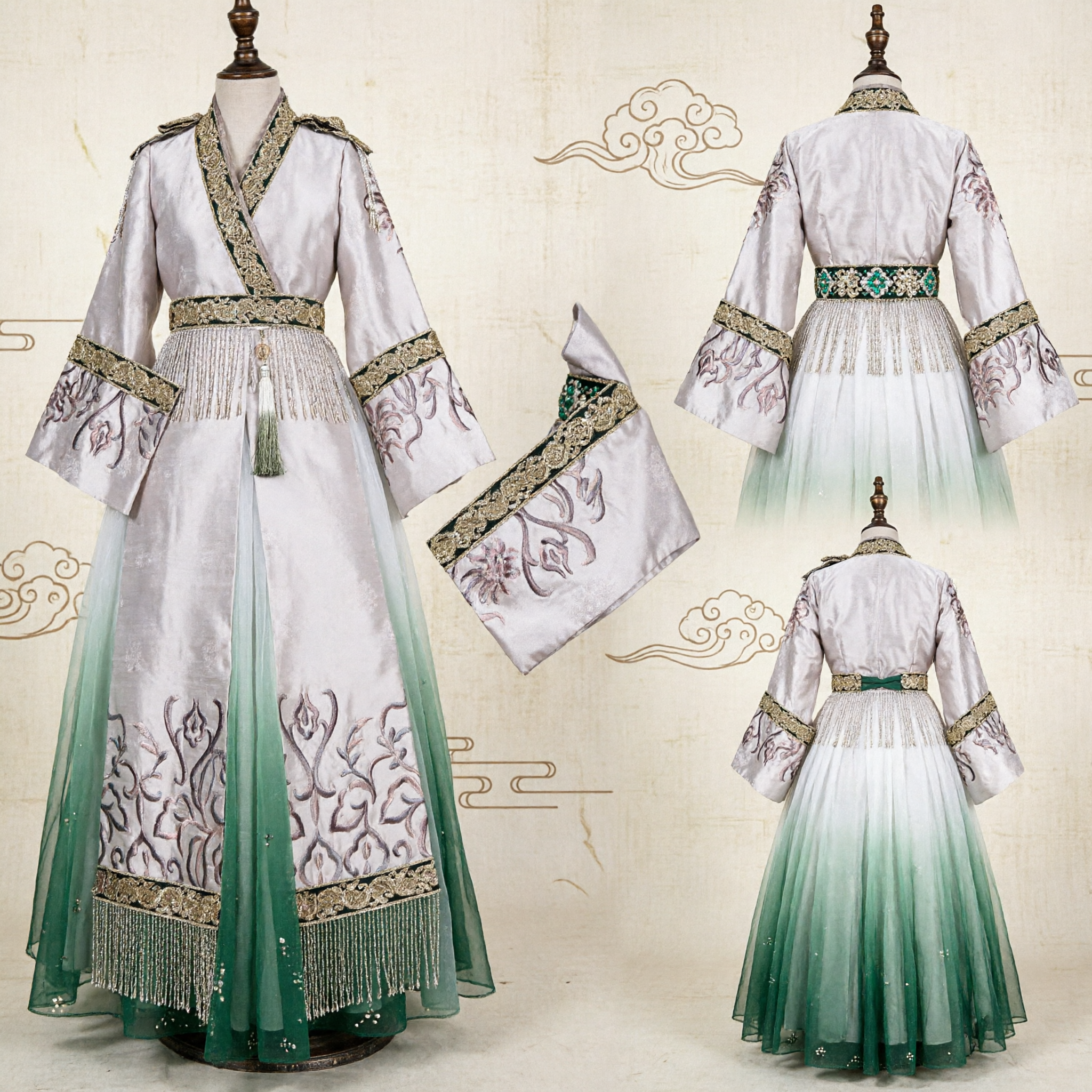 Traje Antigo Tradicional Chinês Hanfu Robe em Gradiente Branco e Verde com Bordado para Cosplay e Performance - Asian Costume
