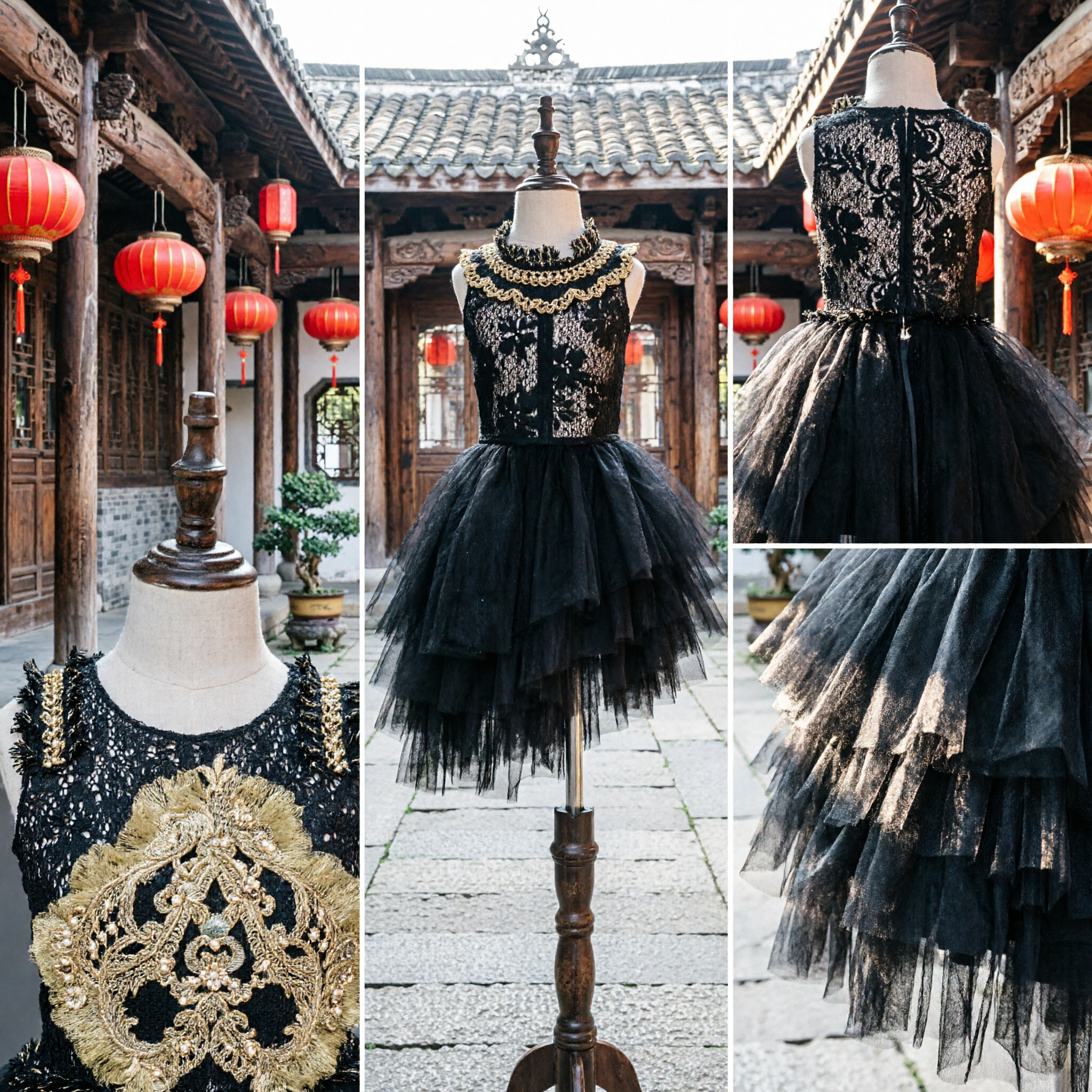 黒シーキン刺繍ボディスドレス 女の子用チュールチュチュスカート 舞台衣装 - Asian Costume