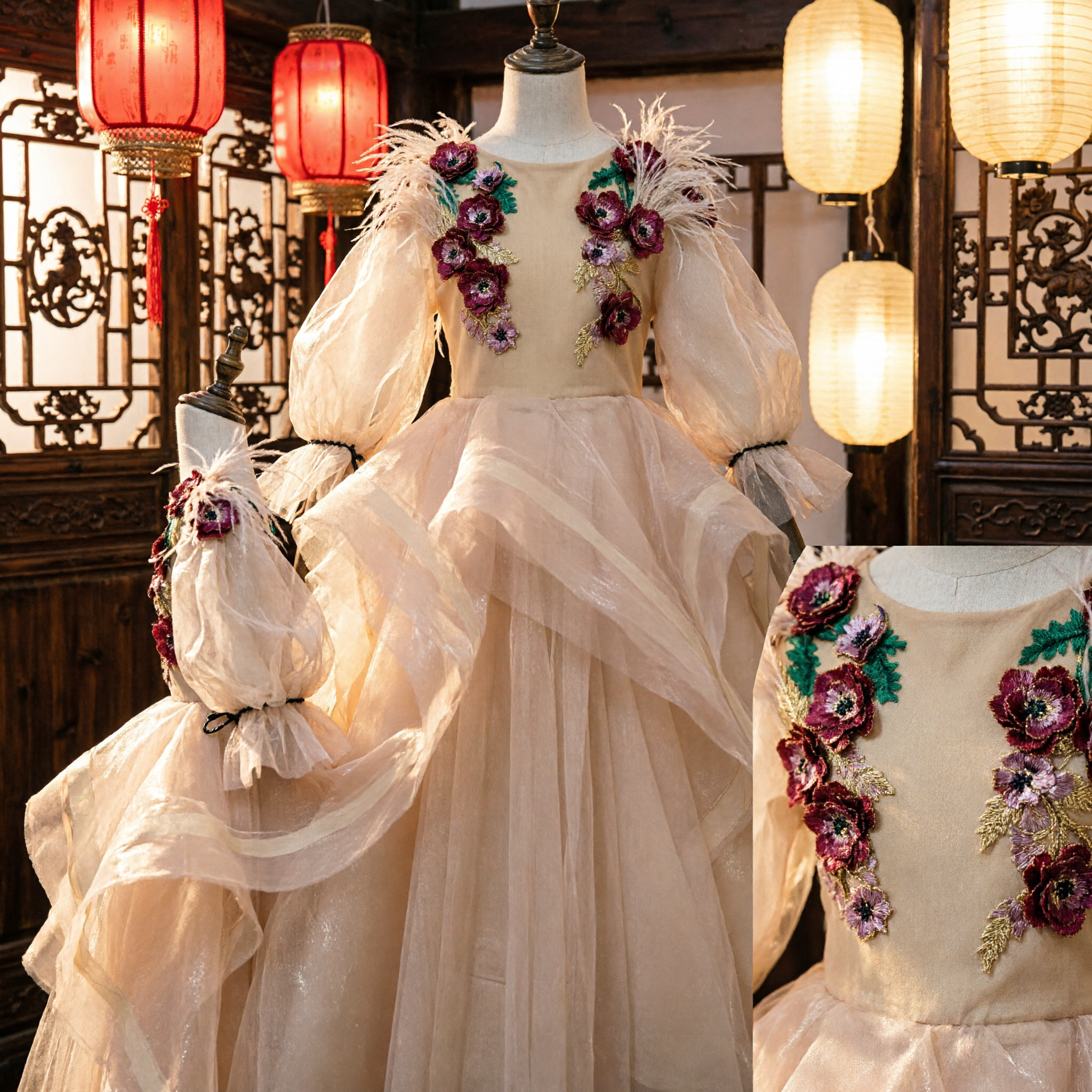 シャンパンゴールドプリンセスドレス 女の子用フローラルパフスリーブチュールボールガウン ウェディング花嫁介添人衣装 - Asian Costume