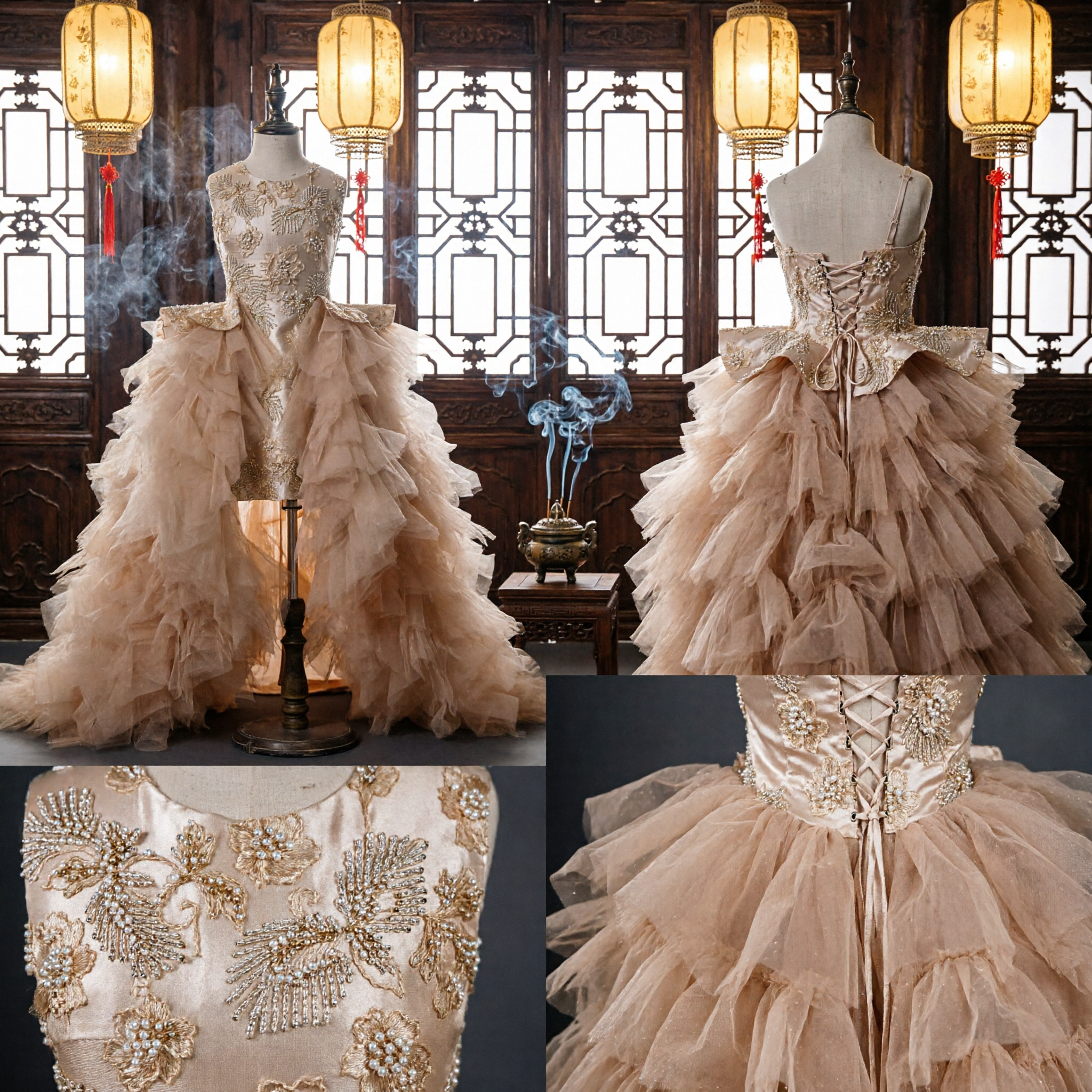샴페인 골드 플라워걸 드레스 슬리브리스 자수 보디스 툴 러플 스커트 페이지언트 웨딩 가운 - Asian Costume