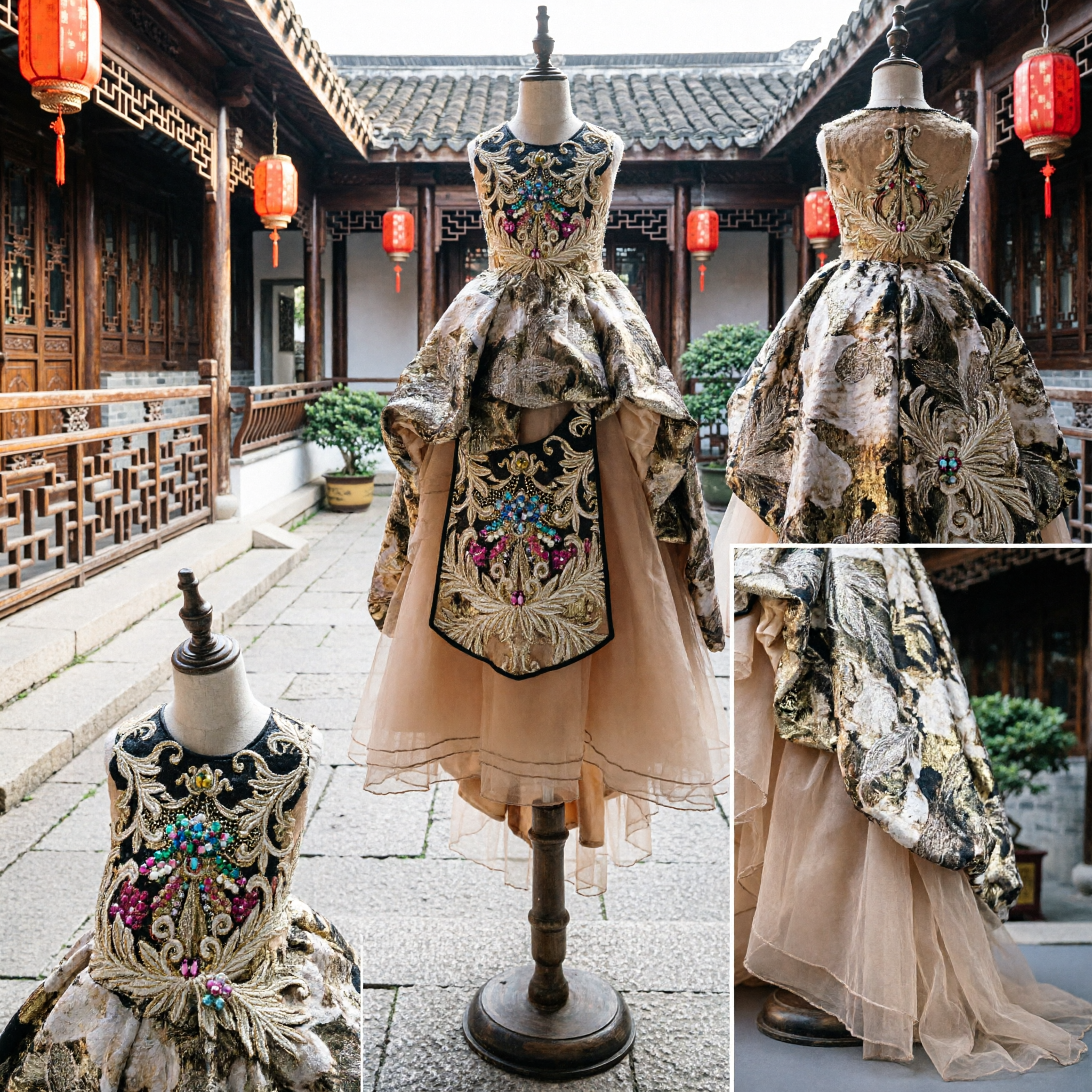 Sfarzoso Abito da Ballo Formale per Bambine con Ricami e Pietre Oro, Gonna High-Low per Matrimoni e Concorsi - Asian Costume