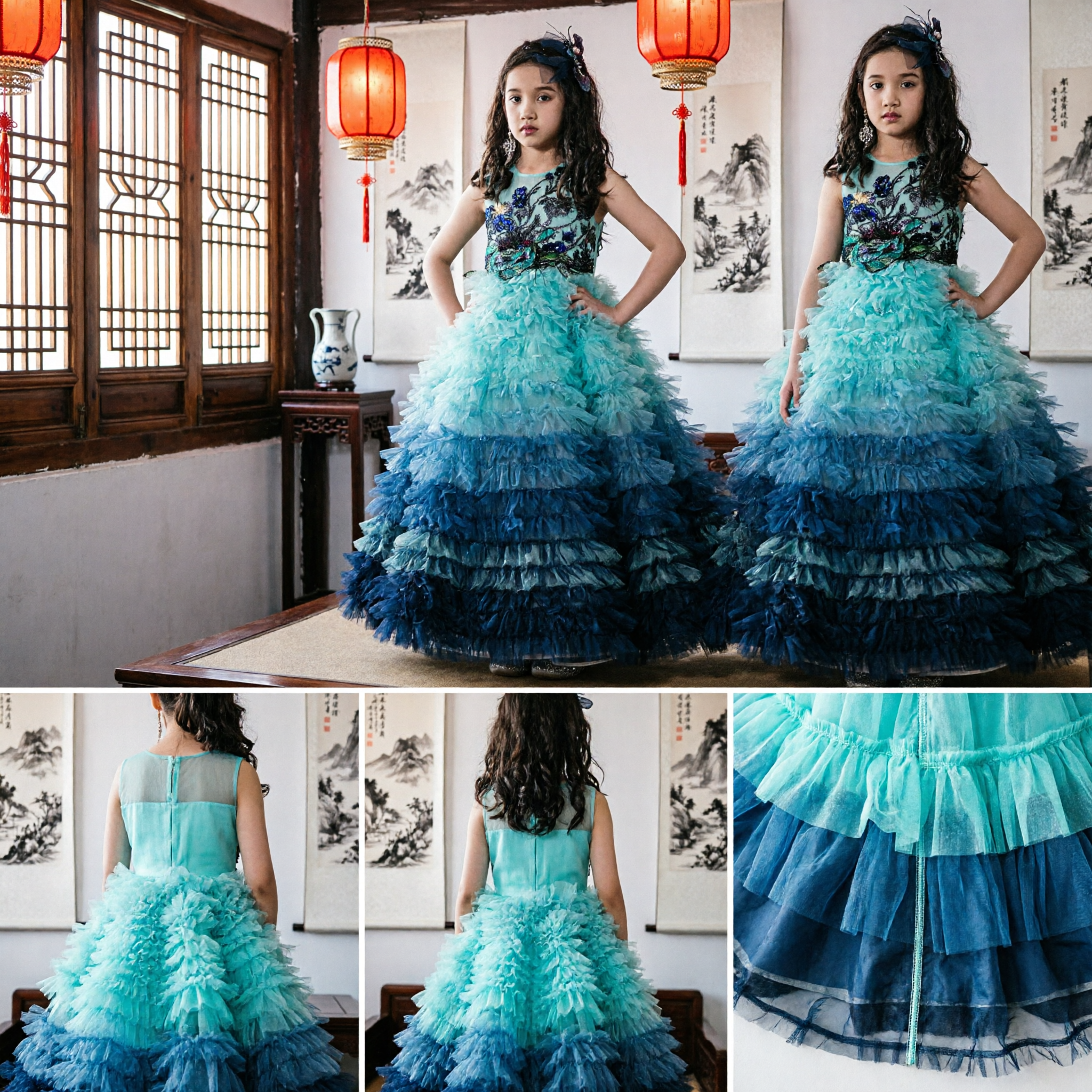 Girls Blue Ombre Floral Bodice Tiered Ruffle Tulle Ball Gown Pageant Prom Evening Dress - Asian Costume