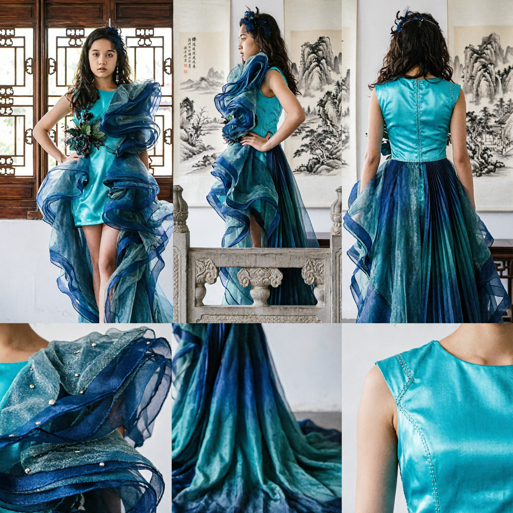 Vestido Elegante de Noche de Organza Azul con Volantes para Niñas, con Aplicaciones Florales para Moda o Actuación en Escenario - Asian Costume