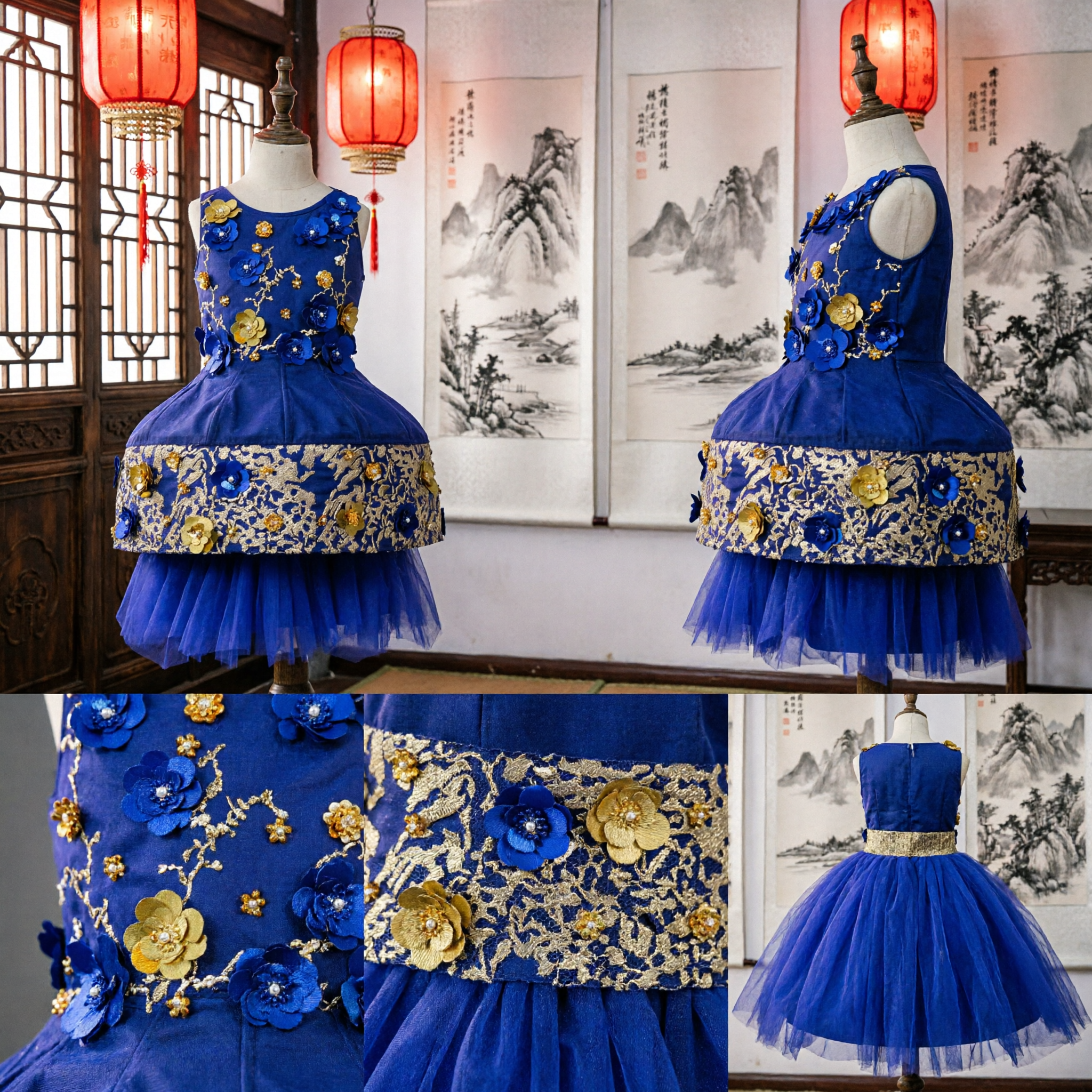 Königsblaues Kleid für Mädchen mit floralen Applikationen, traditioneller chinesischer Cheongsam-Stil, Kostüm für Hochzeitsfeiern und Auftritte - Asian Costume