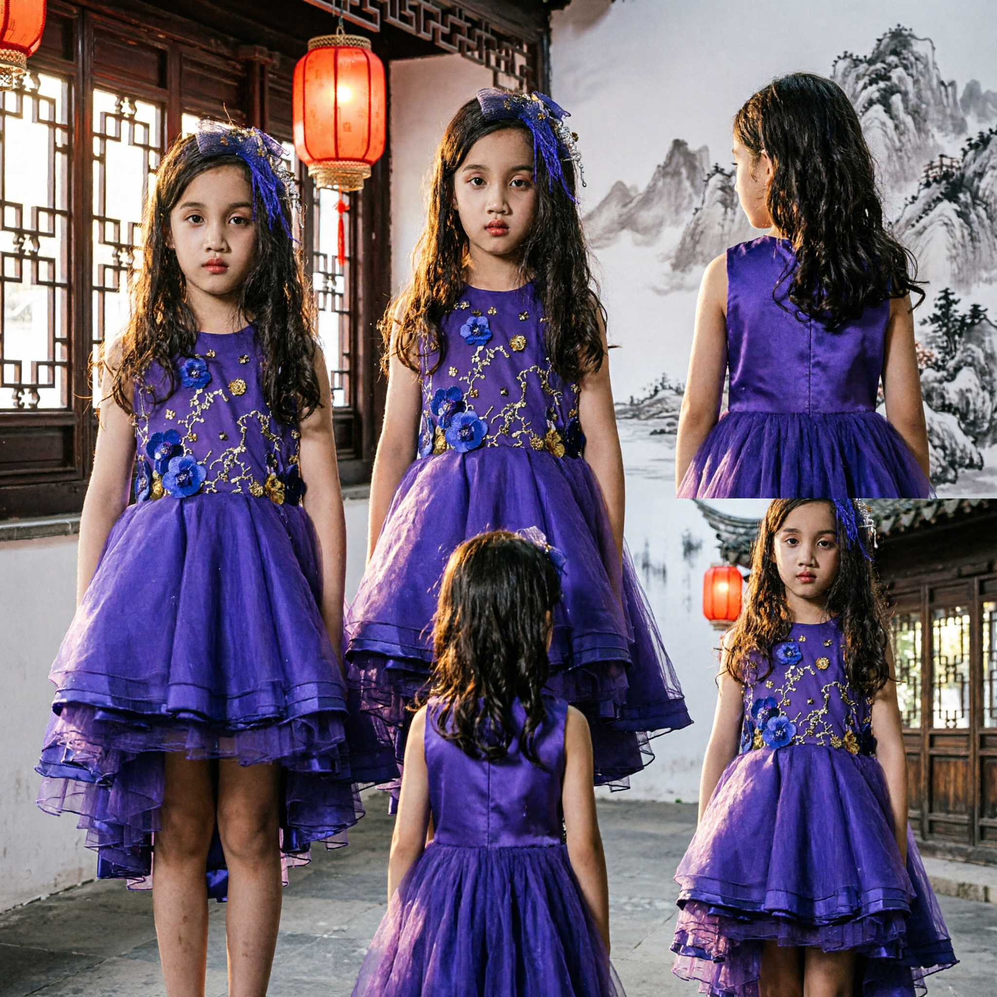 Robe bleu royal sans manches brodée de fleurs pour enfants, robe de concours pour filles, costume formel pour fête ou spectacle - Asian Costume