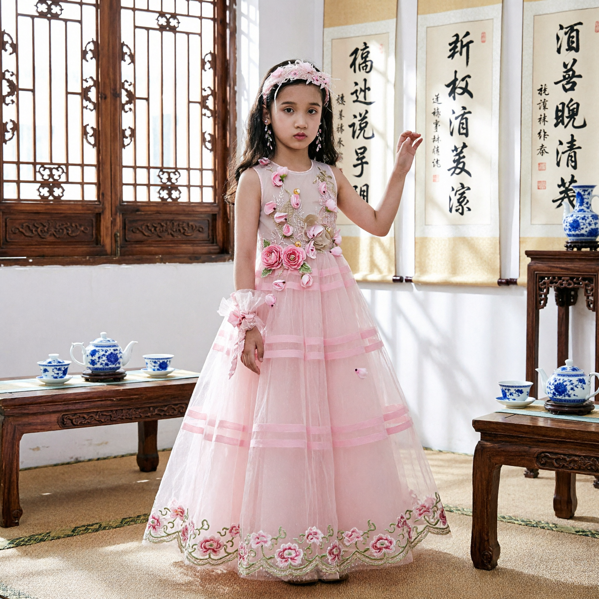 Elegantes rosa Blumenmädchenkleid mit 3D-Blumenapplikationen und mehrlagigem Tüllrock für Hochzeits- und Schönheitswettbewerbsauftritte - Asian Costume