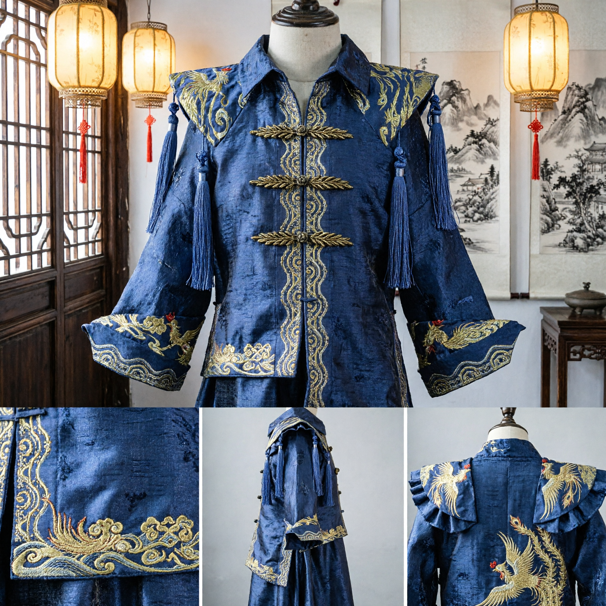 Costume traditionnel chinois pour hommes, ensemble veste et pantalon Tang bleu en brocart avec broderie or, costume de Kung Fu - Asian Costume