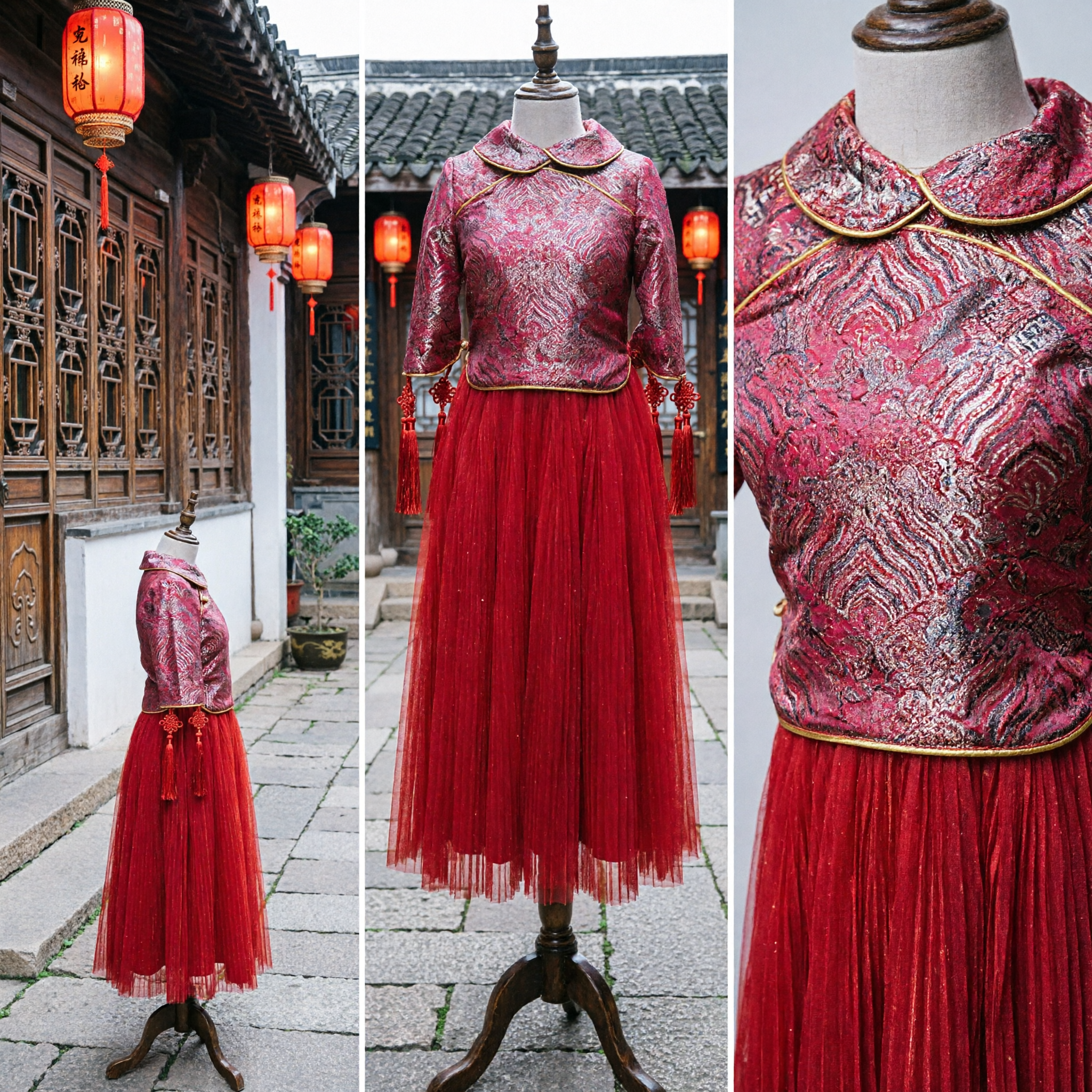Conjunto Tradicional Chinês Xiuhe de Jaqueta Vermelha Bordada e Saia de Tule para Damas de Honra de Casamento - Asian Costume