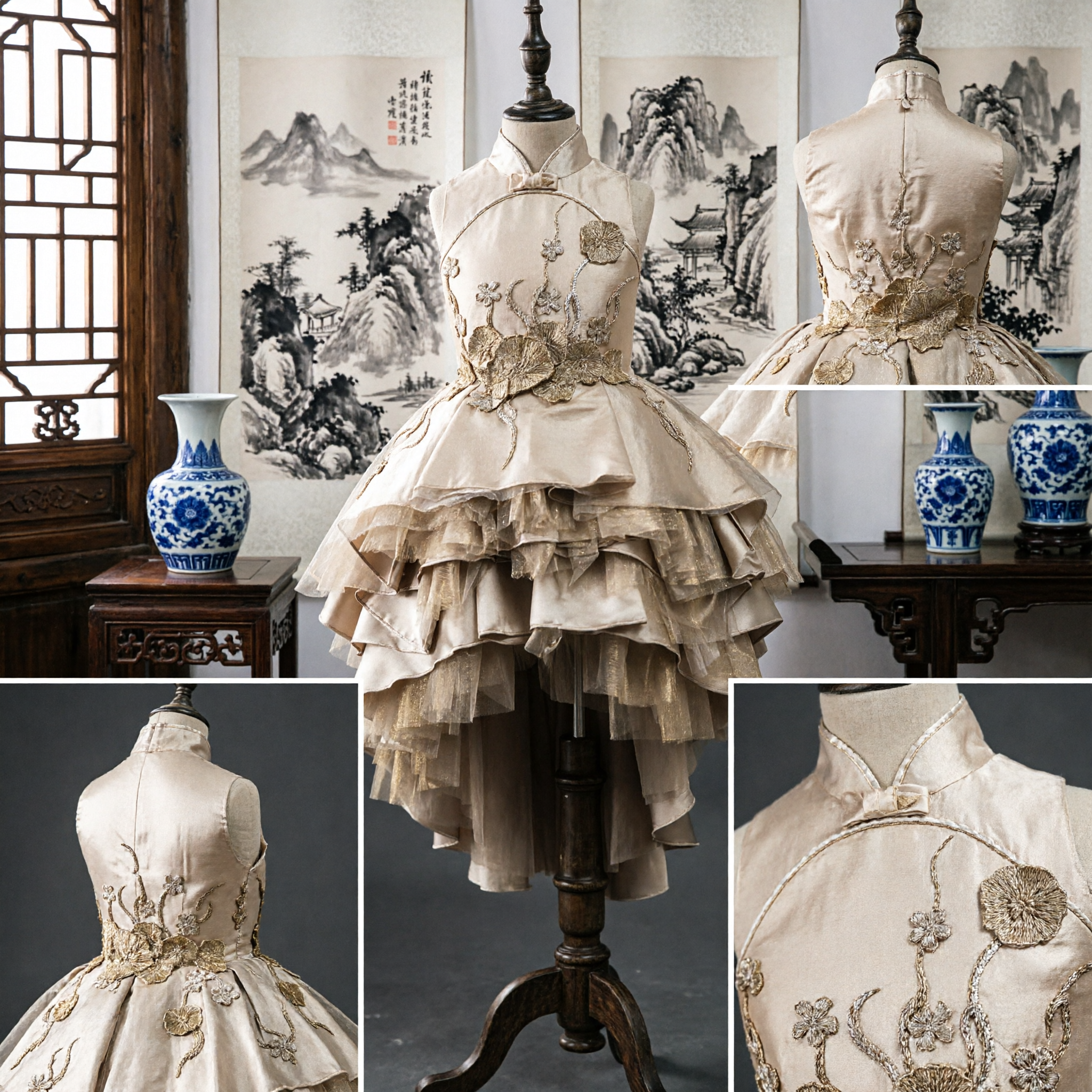 Robe Qipao élégante de style chinois dorée avec broderie florale et jupe à volants étagée pour les mariages - Asian Costume