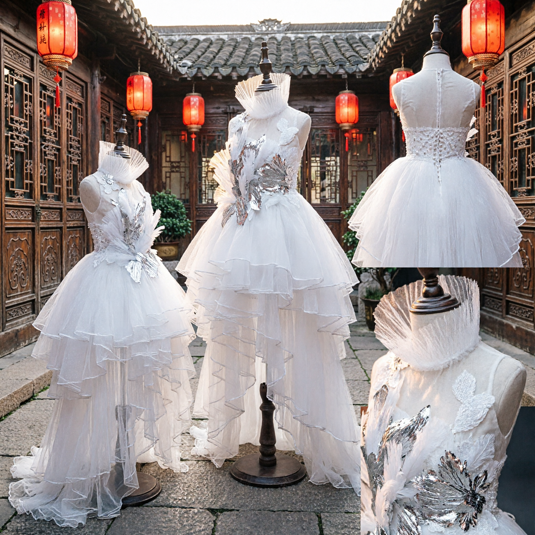 زي مسرحي أنيق متعدد الطبقات من الشاش الأبيض للمغنيات والمضيفات مع تفاصيل من الترتر الفضي - Asian Costume