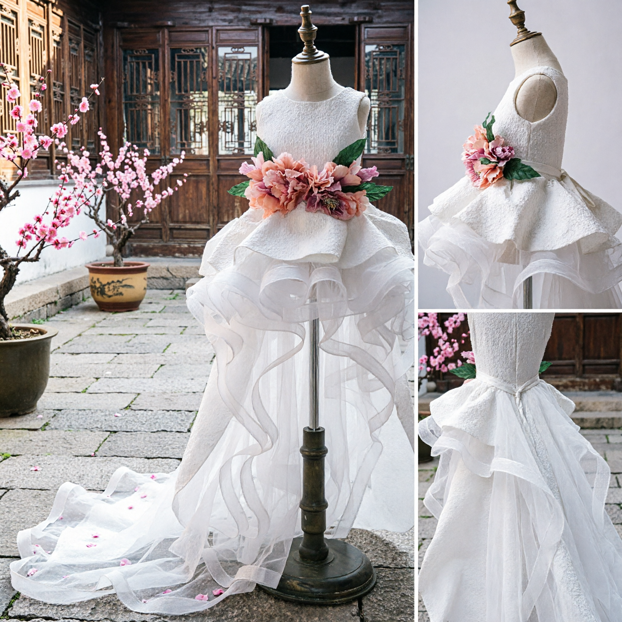 Robe de style flamenco à volants blancs pour filles avec ceinture florale pour les spectacles de danse - Asian Costume